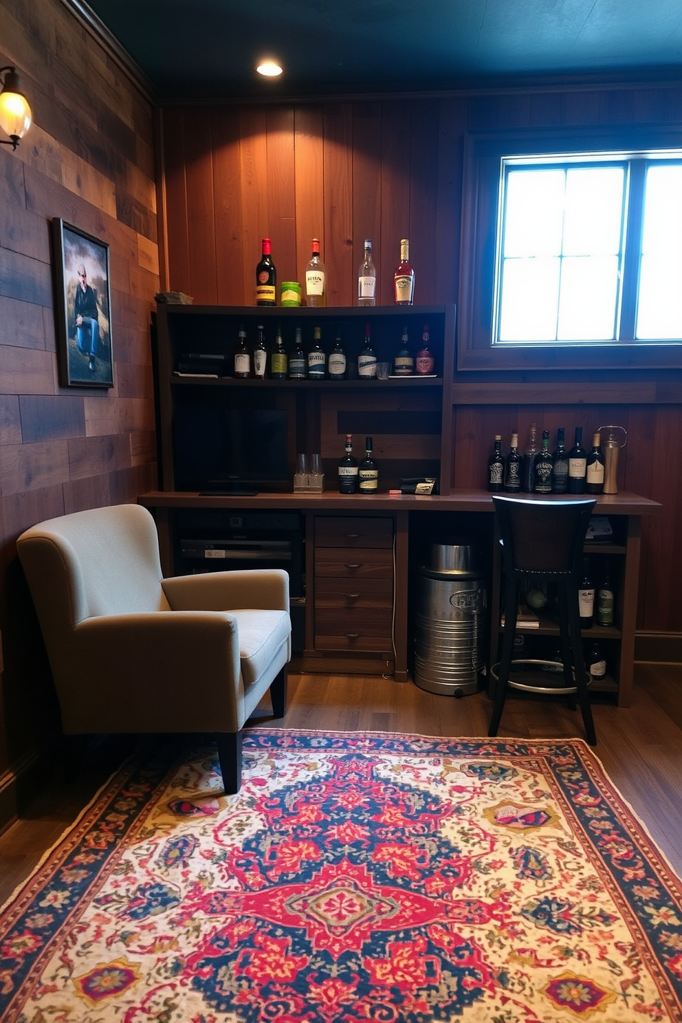 A cozy man cave featuring personalized wall art that reflects various hobbies. The walls are adorned with framed photographs and artwork related to sports, music, and travel, creating a vibrant and inviting atmosphere. The space includes a comfortable seating arrangement with a plush sofa and a couple of stylish armchairs. A small bar area is tucked in the corner, complete with shelves displaying favorite drinks and memorabilia.