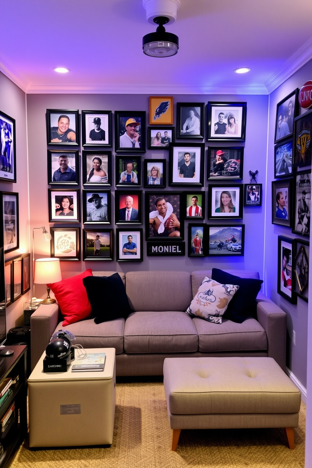 A gallery wall features an eclectic mix of framed art and personal photos in various sizes and styles. The arrangement is curated to create a visually striking focal point, with a balance of colors and textures. The tiny man cave is designed with a cozy atmosphere, incorporating a compact sofa and a stylish coffee table. Walls are adorned with sports memorabilia and ambient lighting to enhance the relaxed vibe.