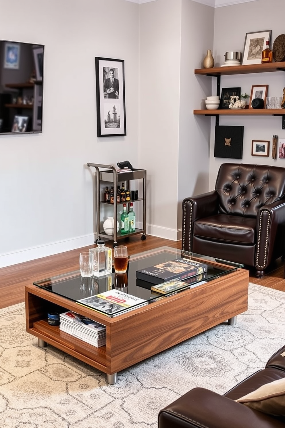 A cozy man cave featuring hidden storage options integrated into the seating. The room is adorned with plush sofas and armchairs that open up to reveal compartments for games and accessories.