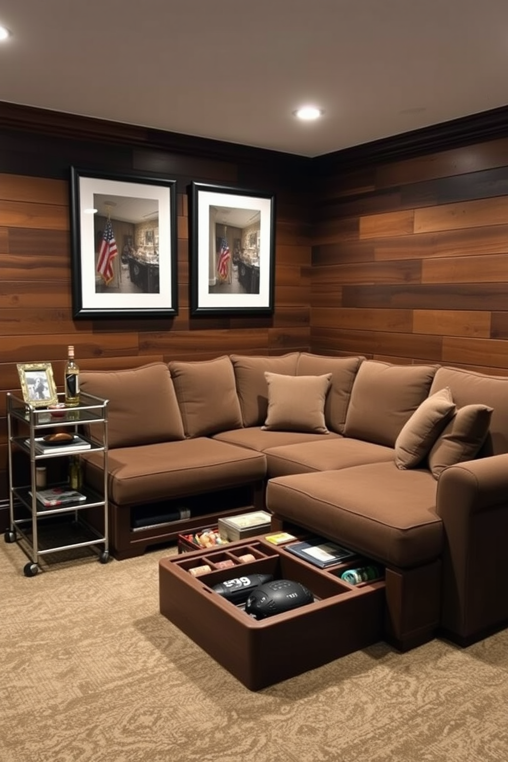 A cozy man cave designed for ultimate relaxation. The space features soundproofing panels on the walls to ensure quiet enjoyment, creating a serene atmosphere. In one corner, a plush sectional sofa invites comfort, while a sleek coffee table sits in front. Ambient lighting enhances the mood, and a small bar cart is stocked with favorite beverages for entertaining.