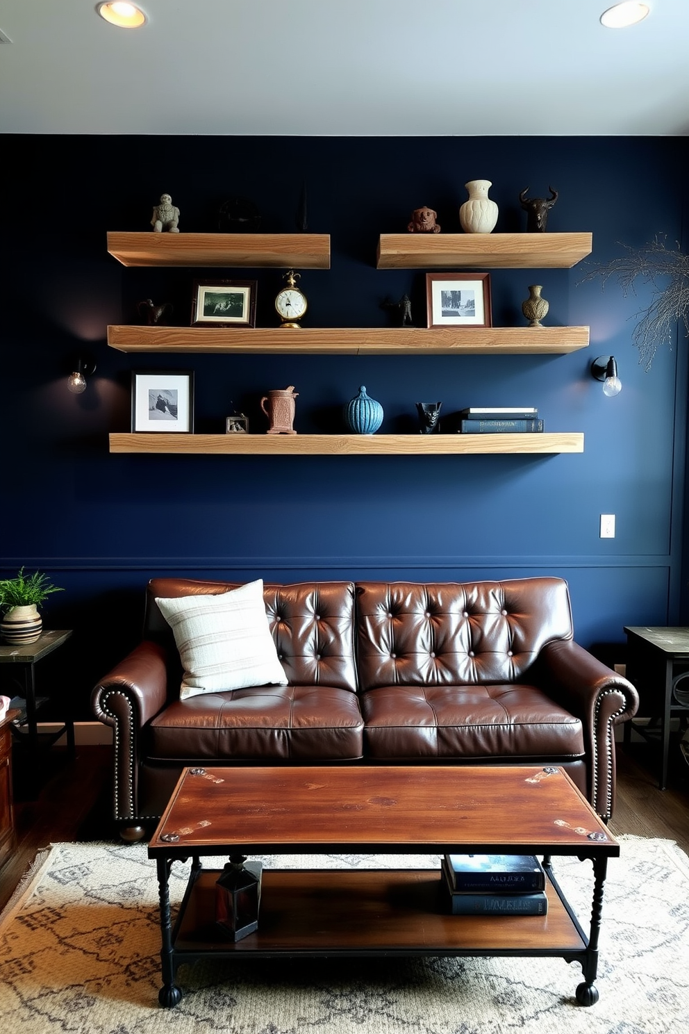 A cozy tiny man cave featuring a portable projector set up for movie nights. The space is adorned with comfortable seating, dim lighting, and rustic decor to create an inviting atmosphere. The walls are painted in deep shades of navy blue, complemented by wooden accents. A small bar cart is positioned nearby, stocked with snacks and beverages for an enjoyable viewing experience.