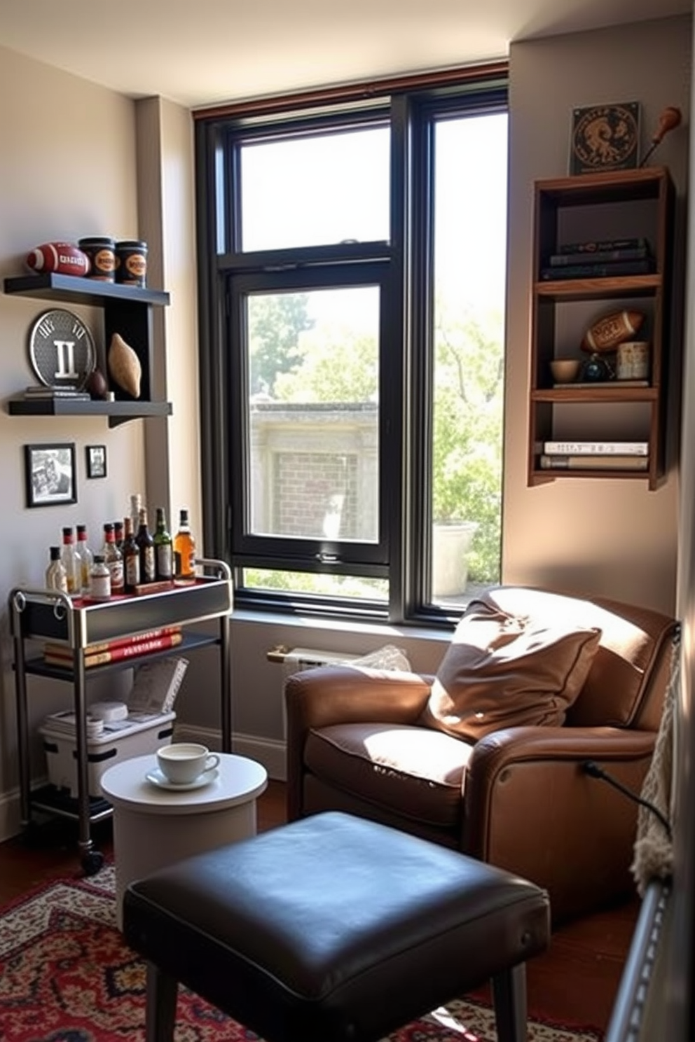 Cozy reading nook with soft cushions. A plush armchair is positioned next to a large window, bathed in natural light, with a small side table holding a steaming cup of tea. Tiny man cave design ideas. The space features a compact bar cart stocked with drinks, a comfortable leather recliner, and wall-mounted shelves displaying sports memorabilia.