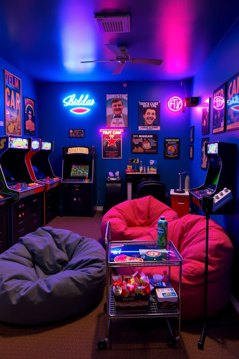 A vibrant man cave featuring retro arcade games lined up against one wall. The space is adorned with neon lights and vintage posters, creating a nostalgic atmosphere. A cozy seating area with plush bean bags and a small bar cart stocked with snacks and drinks. The walls are painted in deep blue, enhancing the playful and relaxed vibe of the room.