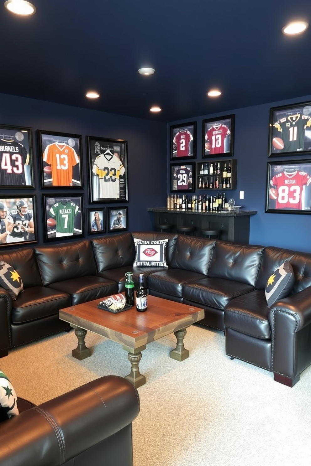 A cozy man cave designed for a sports enthusiast. The space features a large sectional sofa in dark leather, positioned around a rustic wooden coffee table adorned with memorabilia from favorite teams. Walls are painted in deep navy blue, showcasing framed jerseys and action shots in sleek black frames. A mini bar is set up in one corner with bar stools, stocked with favorite drinks and snacks for game nights.