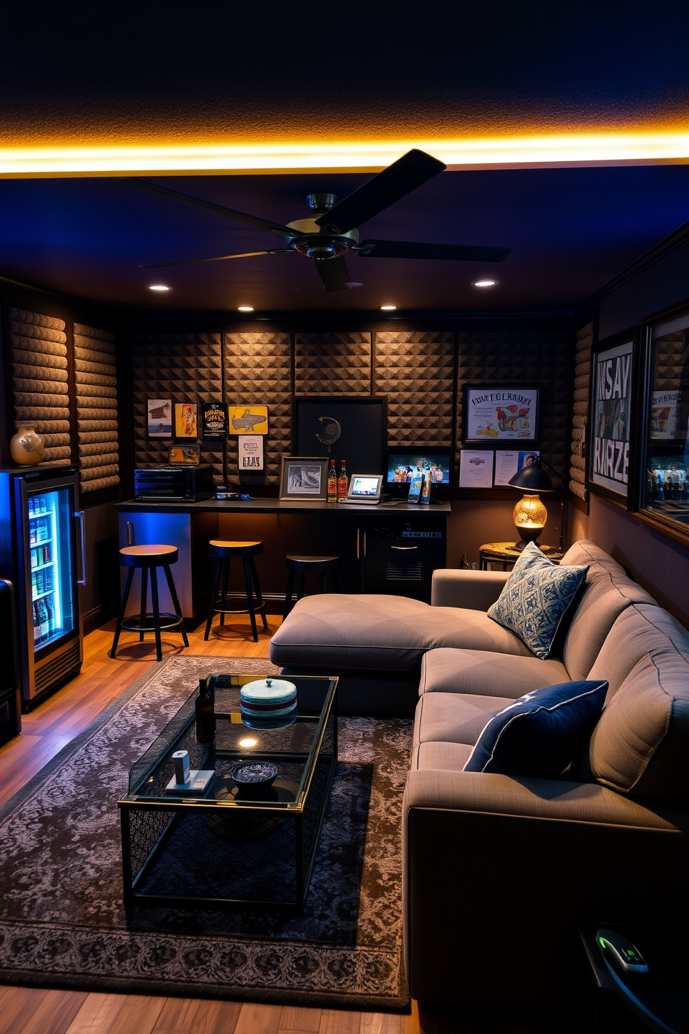 A modern man cave equipped with smart home technology for ultimate convenience. The space features a sleek entertainment system integrated with voice control, allowing seamless access to movies and music. Comfortable seating arrangements are paired with a mini-fridge stocked with beverages. Ambient lighting can be adjusted remotely, creating the perfect atmosphere for relaxation or entertaining guests.