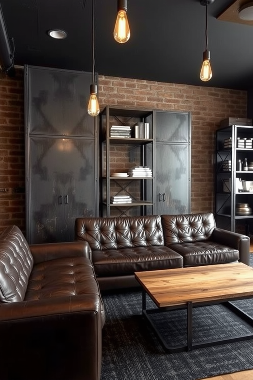 A cozy man cave featuring industrial metal accents that add a modern flair. The walls are painted in a deep charcoal gray, complemented by exposed brick and large metal shelving units. A plush leather sofa is positioned in front of a sleek coffee table made of reclaimed wood and metal. Ambient lighting is provided by stylish pendant lights with Edison bulbs hanging from the ceiling.