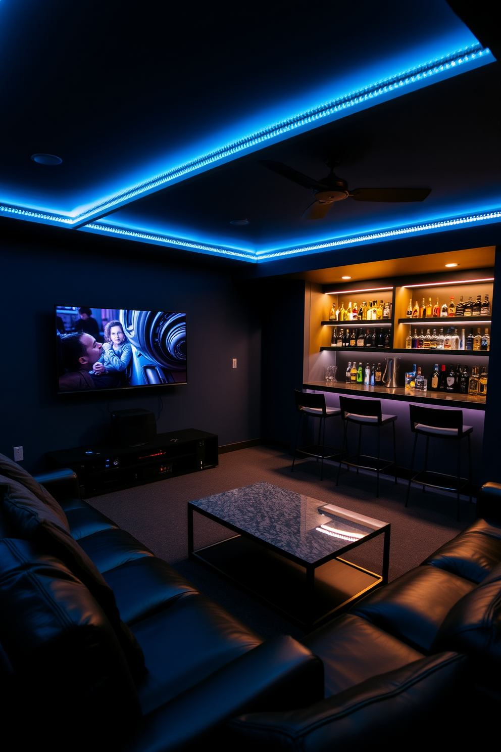 A cozy man cave with mood lighting created by LED strip lights along the ceiling edges. The space features a comfortable leather sofa, a sleek coffee table, and a wall-mounted flat-screen TV for entertainment. The walls are painted in a dark navy blue to enhance the intimate atmosphere. A small bar area with high stools and shelves stocked with drinks adds a touch of sophistication to the design.