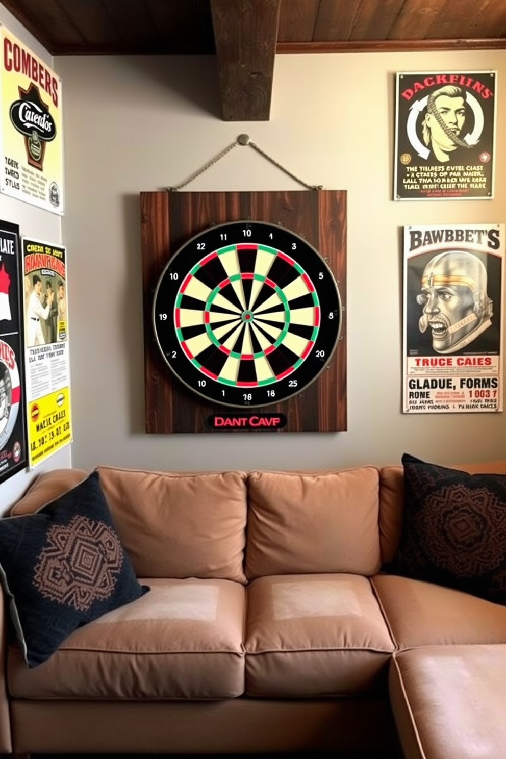 A cozy man cave features a wall-mounted dartboard as the focal point of entertainment. Surrounding the dartboard, vintage posters adorn the walls, and a plush sectional sofa invites relaxation.