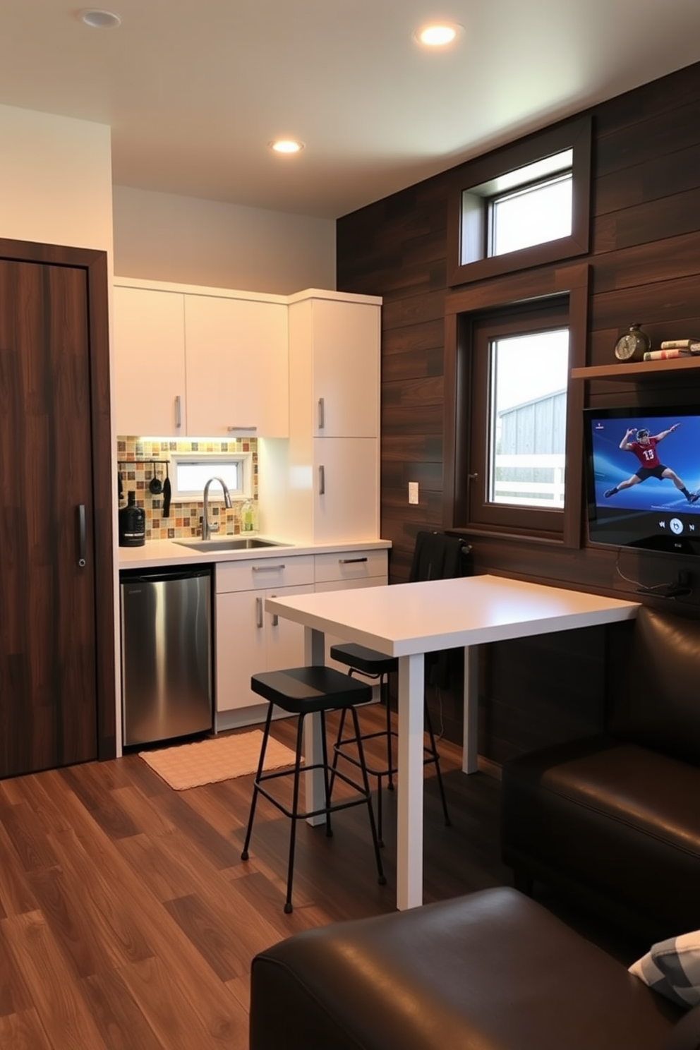 A cozy small kitchenette designed for quick meals features sleek white cabinetry and a compact island with bar stools. The backsplash is adorned with colorful tiles, and a small window allows natural light to brighten the space. The tiny man cave is equipped with a comfortable leather sofa and a wall-mounted TV for entertainment. Dark wood paneling creates a warm atmosphere, while a mini fridge and a small bar area provide convenience for relaxing evenings.