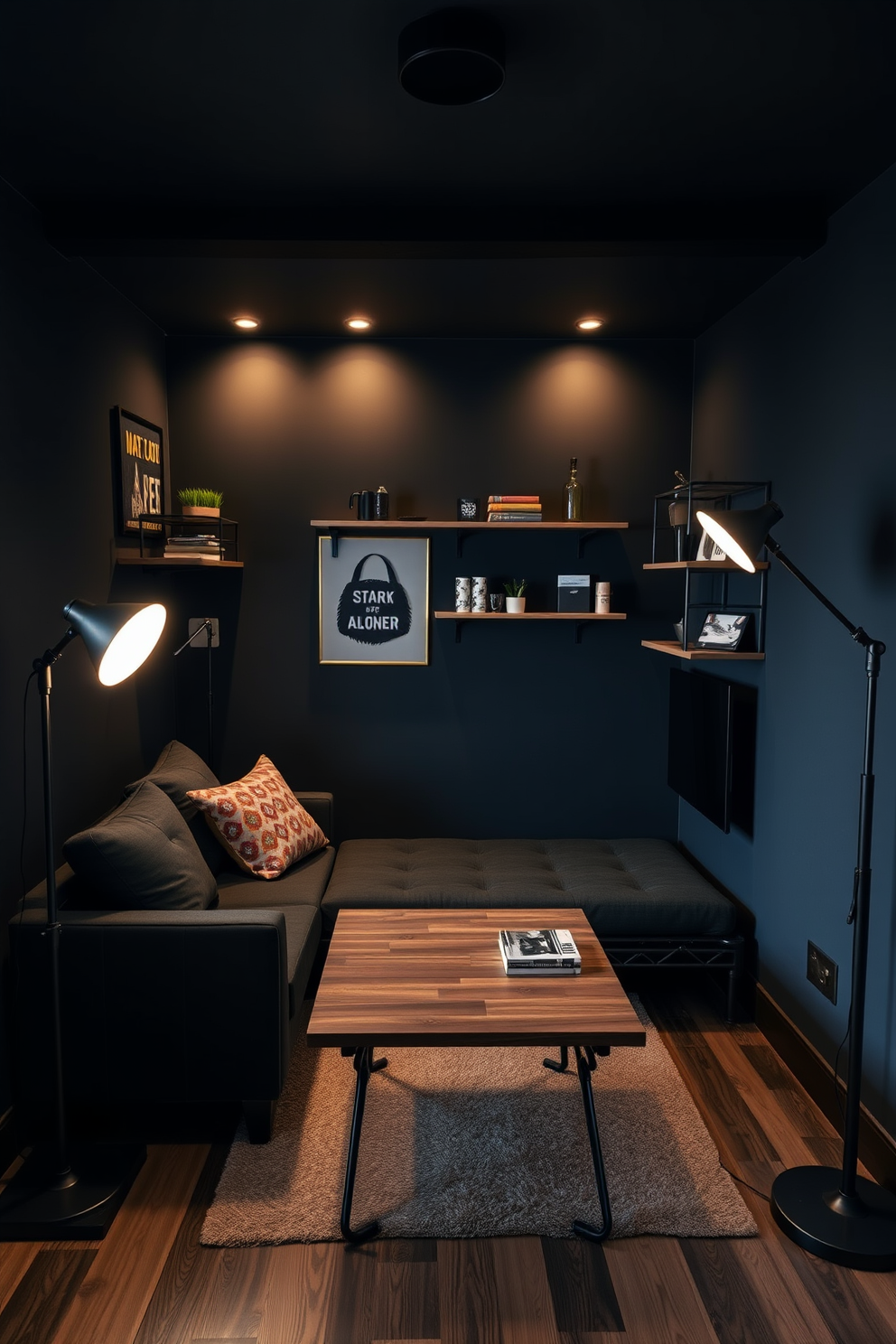 A cozy man cave featuring foldable furniture that maximizes space efficiency. The room includes a compact sofa that converts into a bed, a collapsible coffee table, and wall-mounted shelves for storage. The design incorporates a dark color palette with industrial accents. Soft lighting from stylish floor lamps creates a warm and inviting atmosphere.