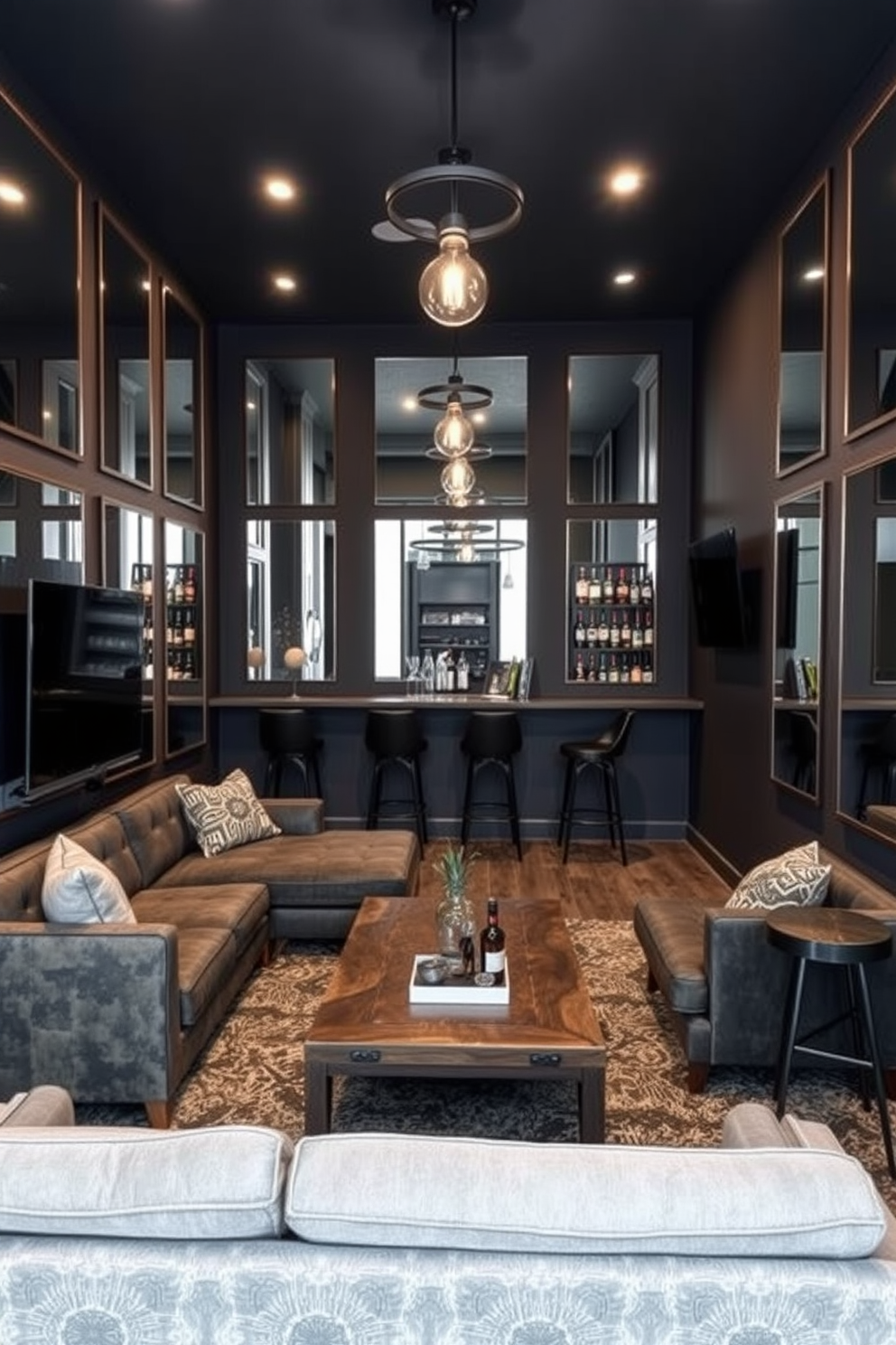 A cozy man cave featuring creative mirror placements that reflect light and create an illusion of a larger space. The design includes a sleek sectional sofa, a rustic coffee table, and a mounted flat-screen TV, all surrounded by strategically placed mirrors on the walls. The color palette consists of deep blues and grays, with industrial-style lighting fixtures hanging from the ceiling. A small bar area is tucked into one corner, complete with stylish stools and shelves lined with whiskey bottles, enhancing the inviting atmosphere.