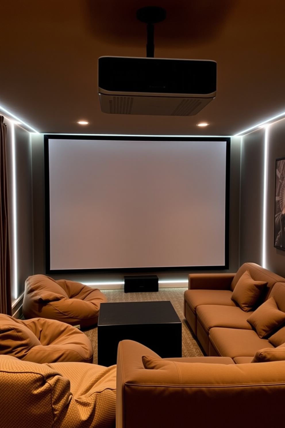 A cozy man cave designed for ultimate movie nights. The space features a portable projector mounted on the ceiling, casting images onto a large blank wall for an immersive viewing experience. Comfortable seating is arranged in a semi-circle with plush bean bags and a sleek sectional couch. Ambient lighting is provided by LED strips along the walls, creating a relaxed atmosphere perfect for enjoying films with friends.