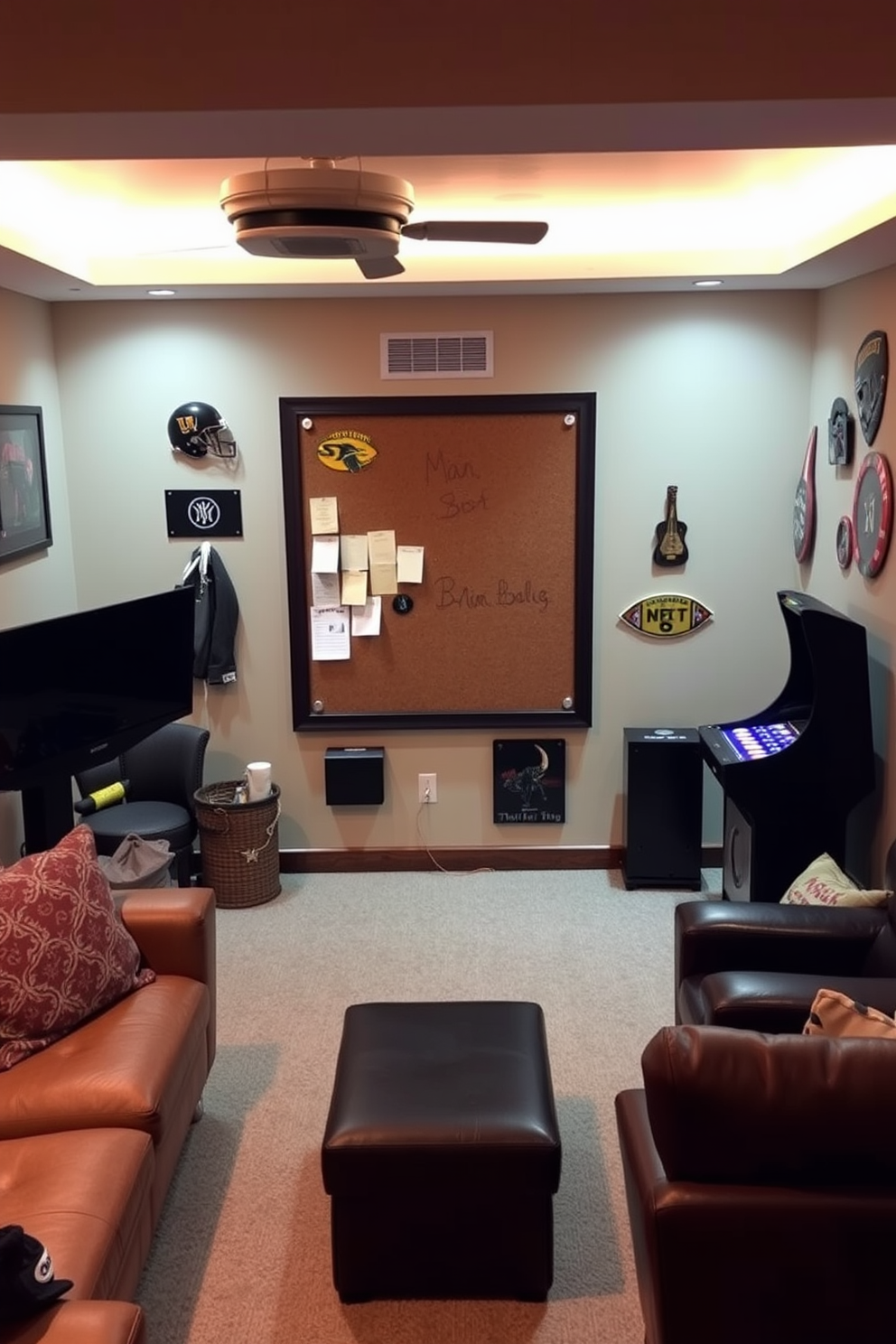 A cozy man cave designed for relaxation and entertainment. The space features a cork board mounted on the wall for notes and reminders, surrounded by plush seating and ambient lighting. Incorporate elements like a mini bar and a gaming area for a fun atmosphere. The walls are adorned with sports memorabilia and personal touches that reflect your interests.