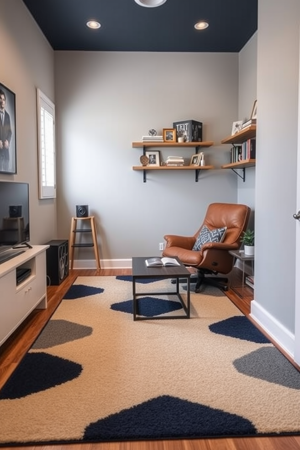 A stylish area rug anchors the space, featuring a geometric pattern in shades of navy and cream. The rug complements the surrounding furniture, adding warmth and texture to the room. The tiny man cave design incorporates a cozy leather recliner and a sleek coffee table, creating an inviting atmosphere. Wall-mounted shelves display collectibles and books, enhancing the personal touch of the space.