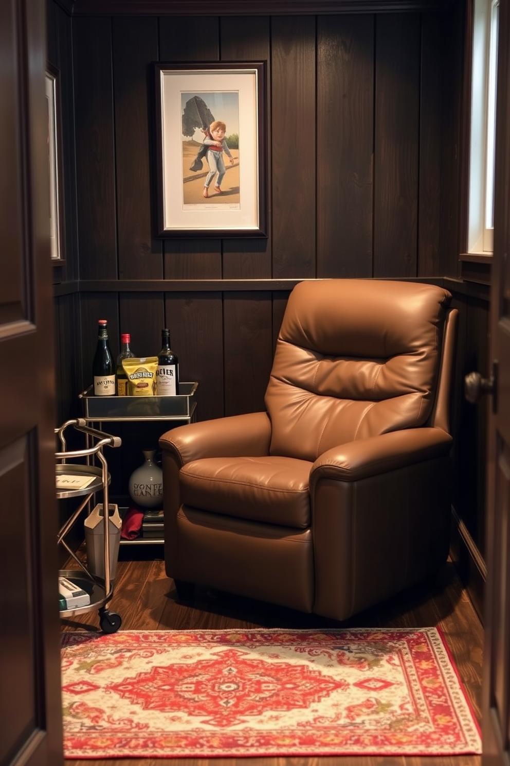 A comfortable recliner upholstered in soft leather is positioned in the corner of a cozy room. The recliner features plush cushions and a built-in footrest, creating the perfect spot for ultimate relaxation. The tiny man cave is designed with dark wood paneling and ambient lighting. A small bar cart sits nearby, stocked with favorite drinks and snacks, while a vintage rug adds warmth to the space.