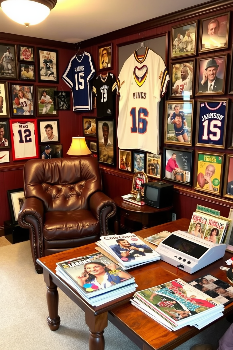 A cozy man cave adorned with vintage sports memorabilia. The walls are lined with framed jerseys and autographed photos, showcasing a rich history of sports. A comfortable leather recliner sits in the corner next to a small wooden table. On the table, a collection of vintage sports magazines and a classic game console invite relaxation and nostalgia.