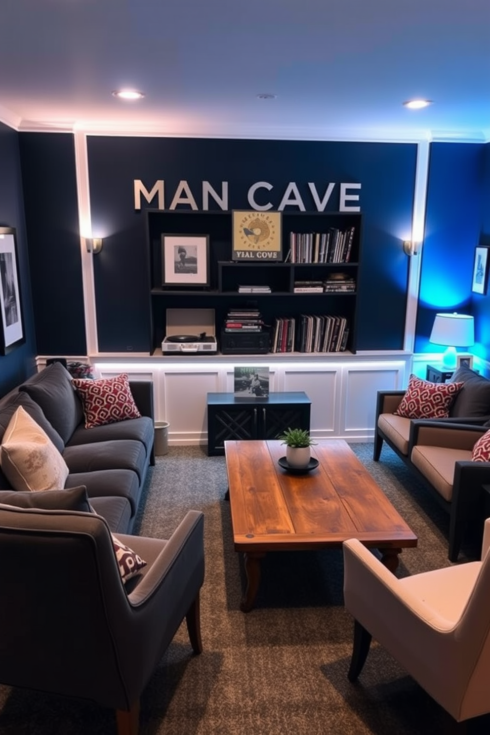 A cozy man cave with soft ambient lighting creates a welcoming atmosphere. The walls are painted in a deep navy blue, complemented by a plush dark gray sectional sofa. A rustic wooden coffee table sits at the center, surrounded by a few stylish accent chairs. A vintage record player and vinyl collection are displayed on a shelf, adding a touch of nostalgia to the space.