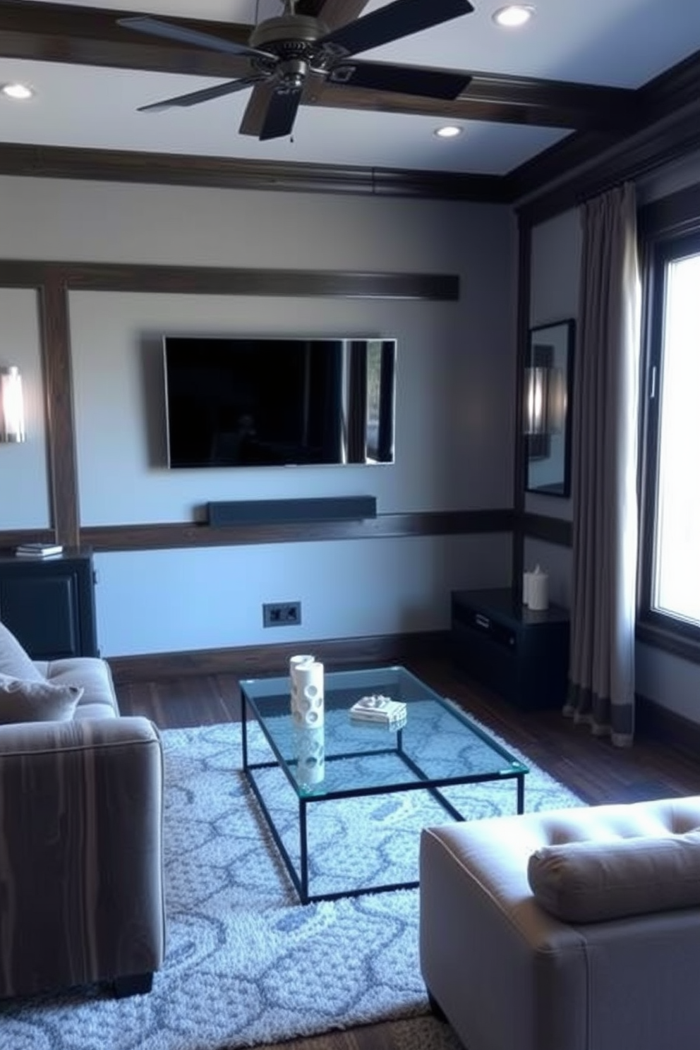 A cozy and stylish man cave featuring a wall-mounted TV that maximizes floor space. The room is adorned with dark wood accents, a plush sectional sofa, and a sleek coffee table, creating an inviting atmosphere for relaxation and entertainment.