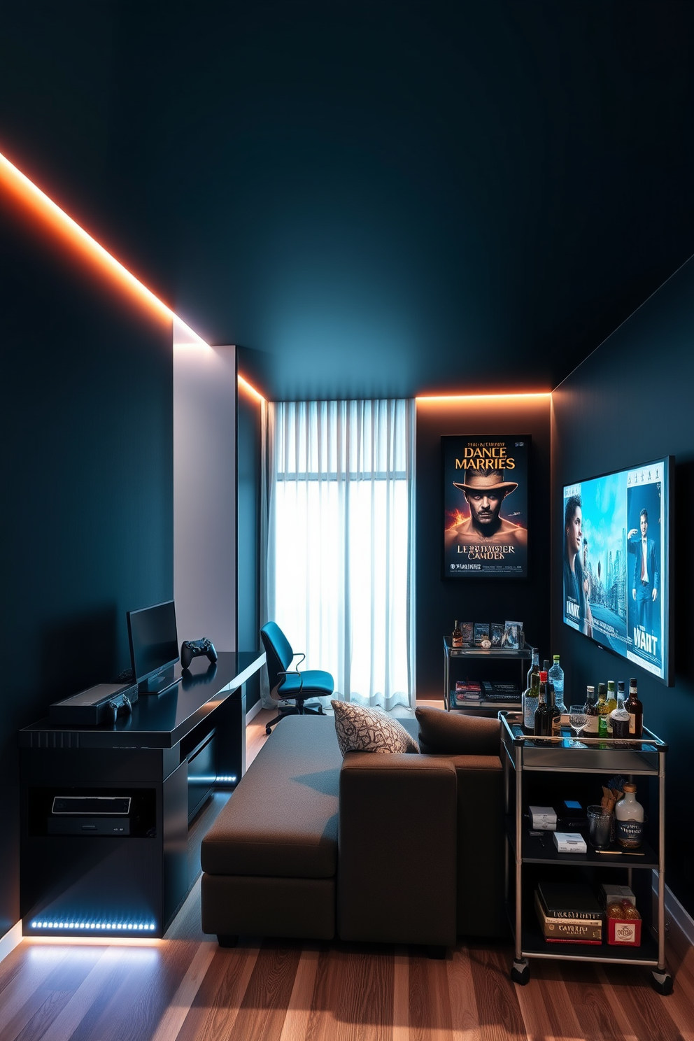 A compact gaming station featuring a sleek desk with built-in storage for consoles and accessories. The walls are adorned with soundproof panels in dark colors, and ambient LED lighting creates a cozy atmosphere. A tiny man cave designed for relaxation and entertainment, showcasing a plush sectional sofa facing a large wall-mounted TV. The decor includes framed posters of classic films and a small bar cart stocked with favorite beverages.