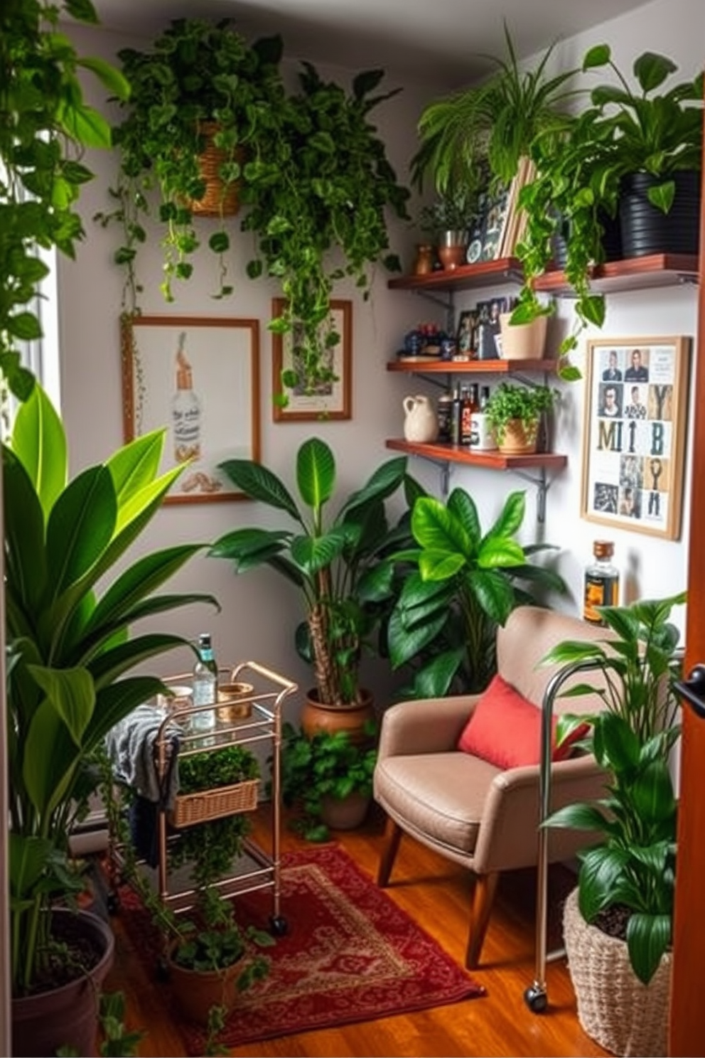 A cozy nook filled with nature-inspired decor. Lush green plants in various sizes are strategically placed around the space, creating a vibrant and refreshing atmosphere. A compact man cave that maximizes functionality and style. The design features a comfortable lounge chair, a small bar cart, and wall-mounted shelves filled with personal memorabilia.