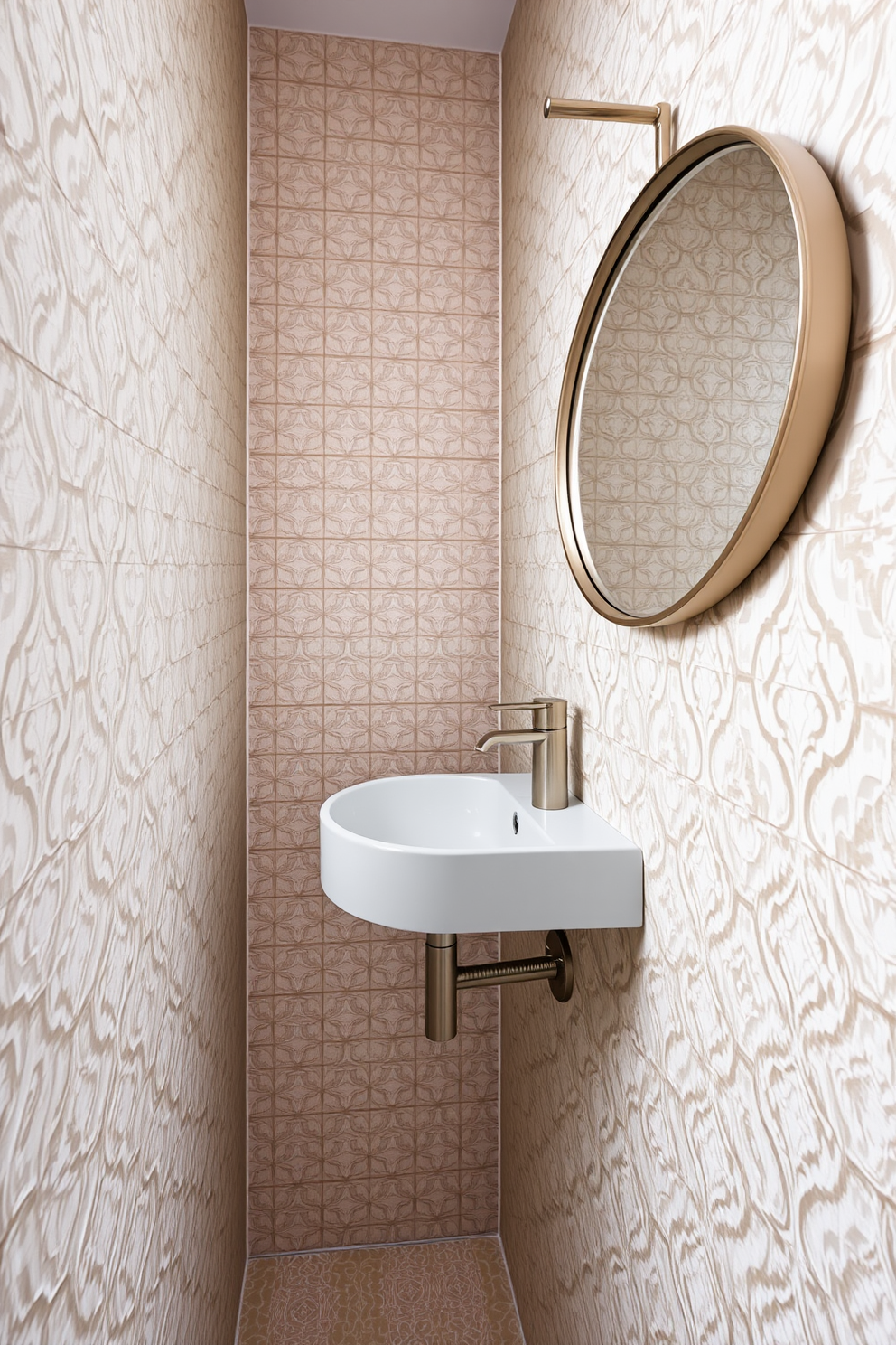 A chic powder room featuring a statement mirror with an ornate frame that draws attention and adds elegance. The walls are adorned with a soft pastel wallpaper, complementing the sleek, modern fixtures. The space includes a compact vanity with a polished countertop, topped with stylish accessories that enhance the decor. A small potted plant sits on the vanity, bringing a touch of nature to the refined atmosphere.