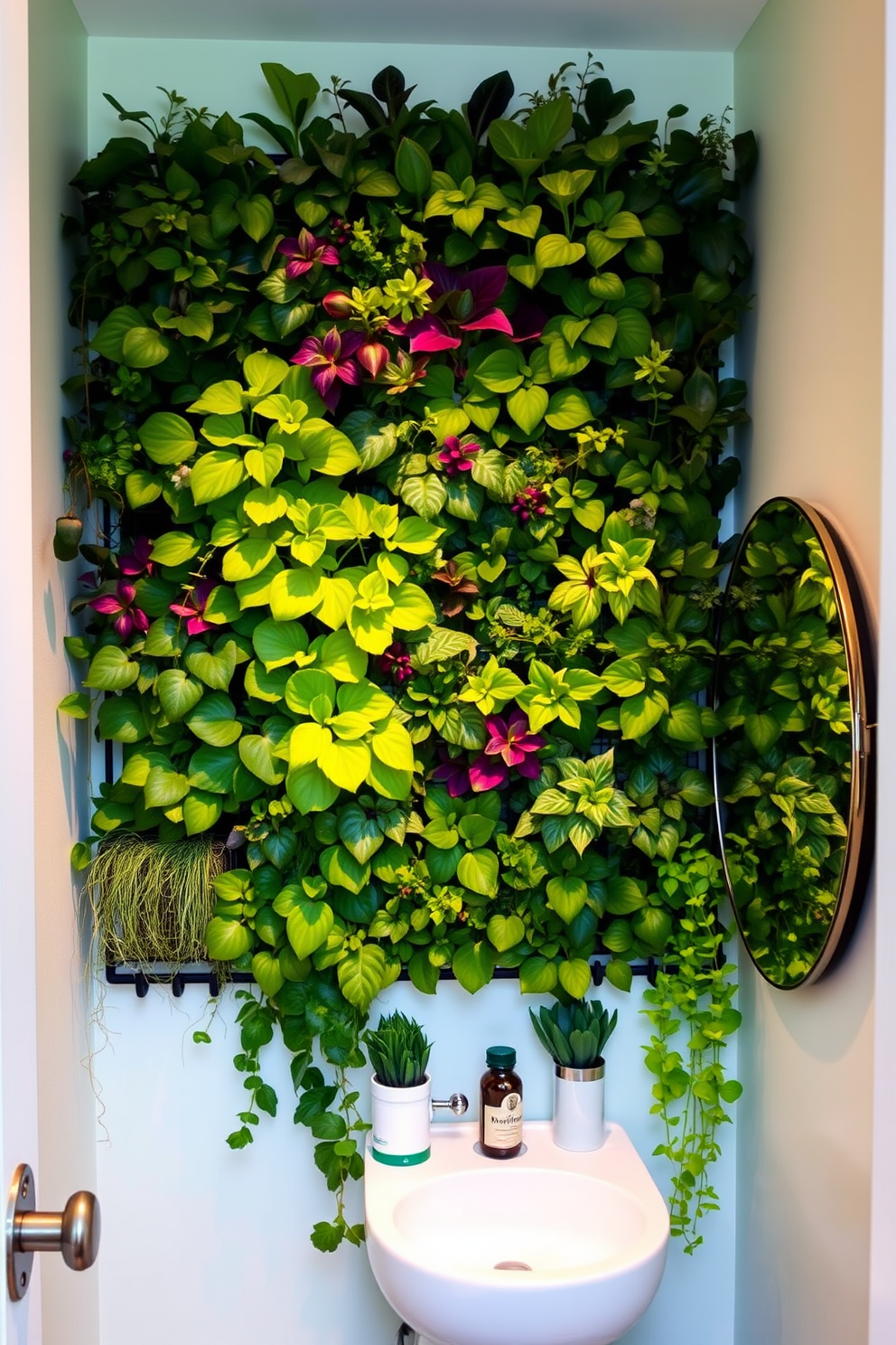 A charming tiny powder room adorned with lush greenery. A vertical garden wall showcases a variety of vibrant plants, adding life and freshness to the space. The walls are painted in a soft pastel hue, creating a warm and inviting atmosphere. A sleek, compact vanity with a round mirror complements the natural elements beautifully.