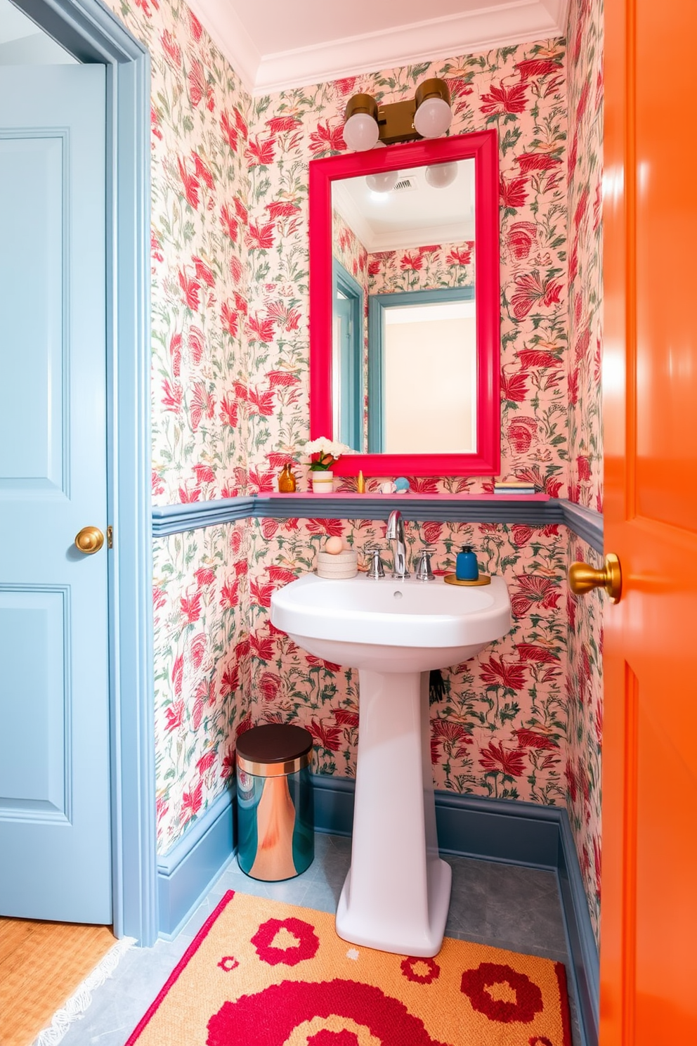 A vibrant tiny powder room features a colorful rug that adds warmth and personality to the space. The walls are adorned with playful wallpaper, while a sleek pedestal sink complements the overall design. The mirror above the sink is framed in a bold color, creating a striking focal point. A small shelf holds decorative items, enhancing the charm of this compact yet stylish room.