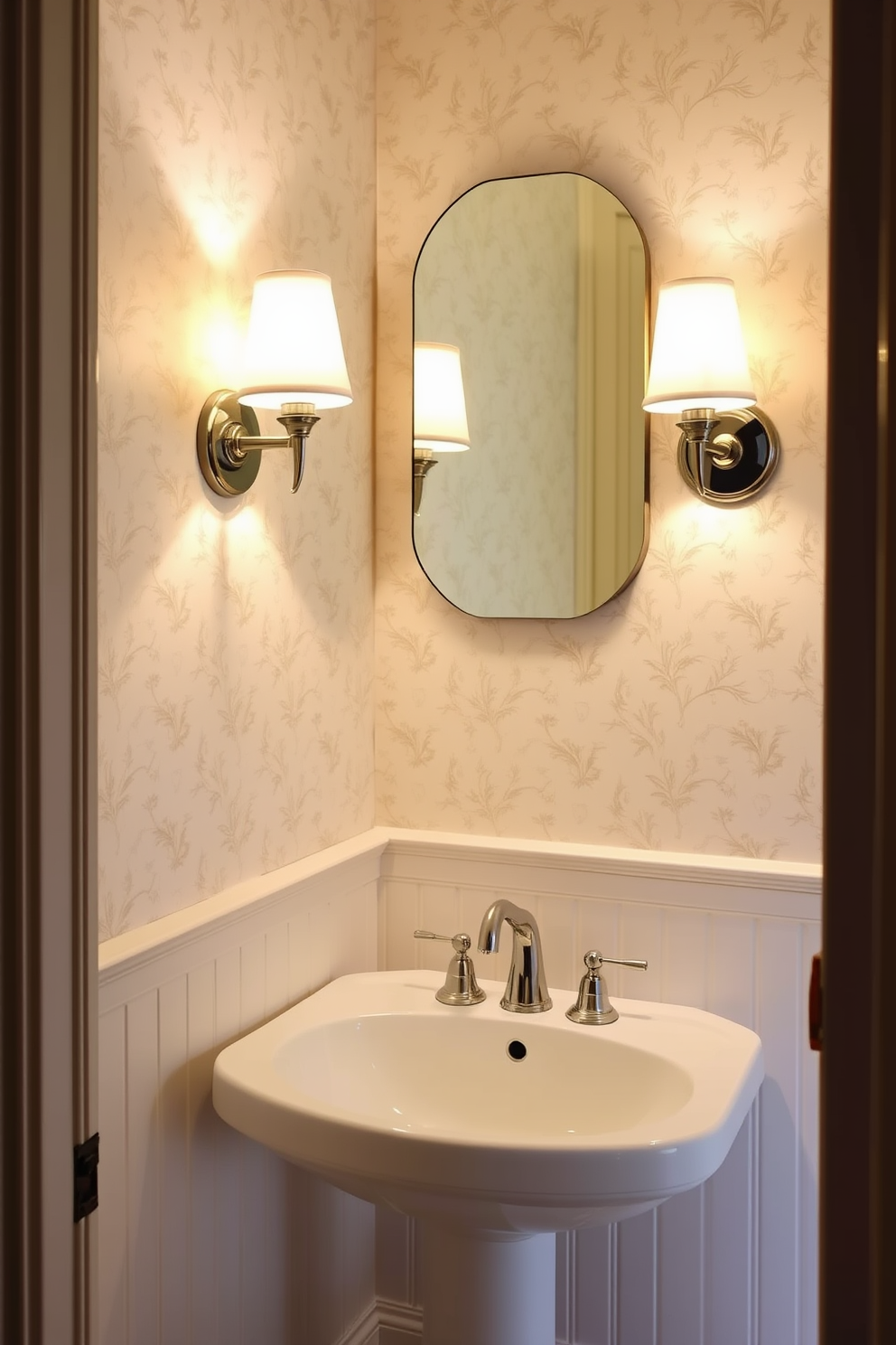 Elegant sconces provide a warm and inviting glow in the tiny powder room. The walls are adorned with delicate wallpaper featuring a subtle floral pattern, and a sleek pedestal sink complements the overall design.