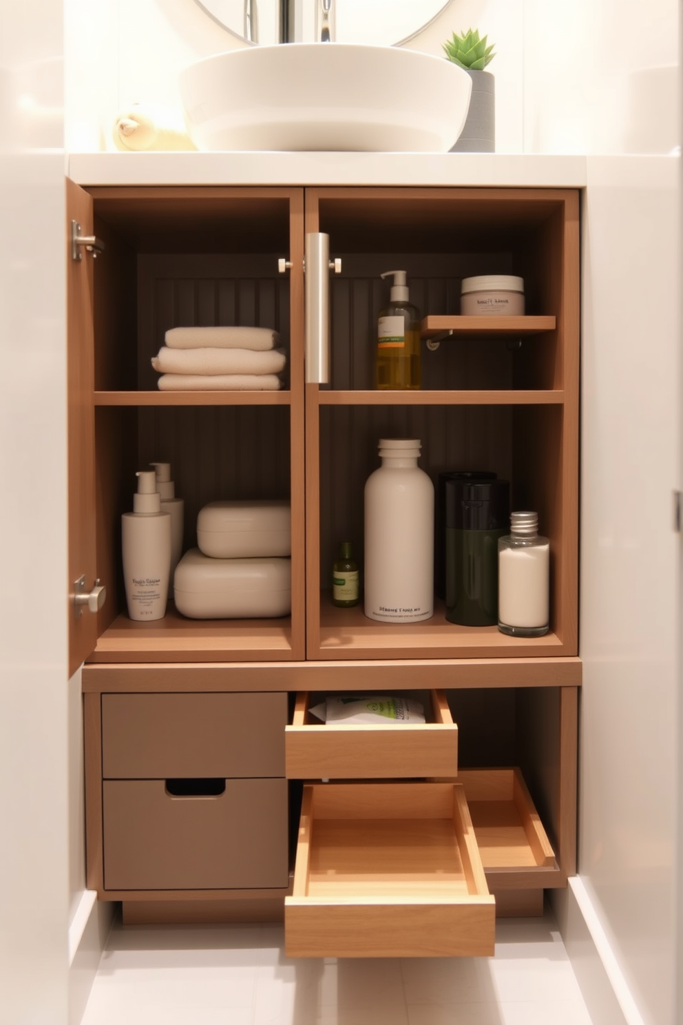 A tiny powder room features innovative storage solutions cleverly integrated under the sink. The design includes a sleek cabinet with pull-out drawers and open shelving for easy access to essentials, all while maintaining a clean and uncluttered aesthetic.