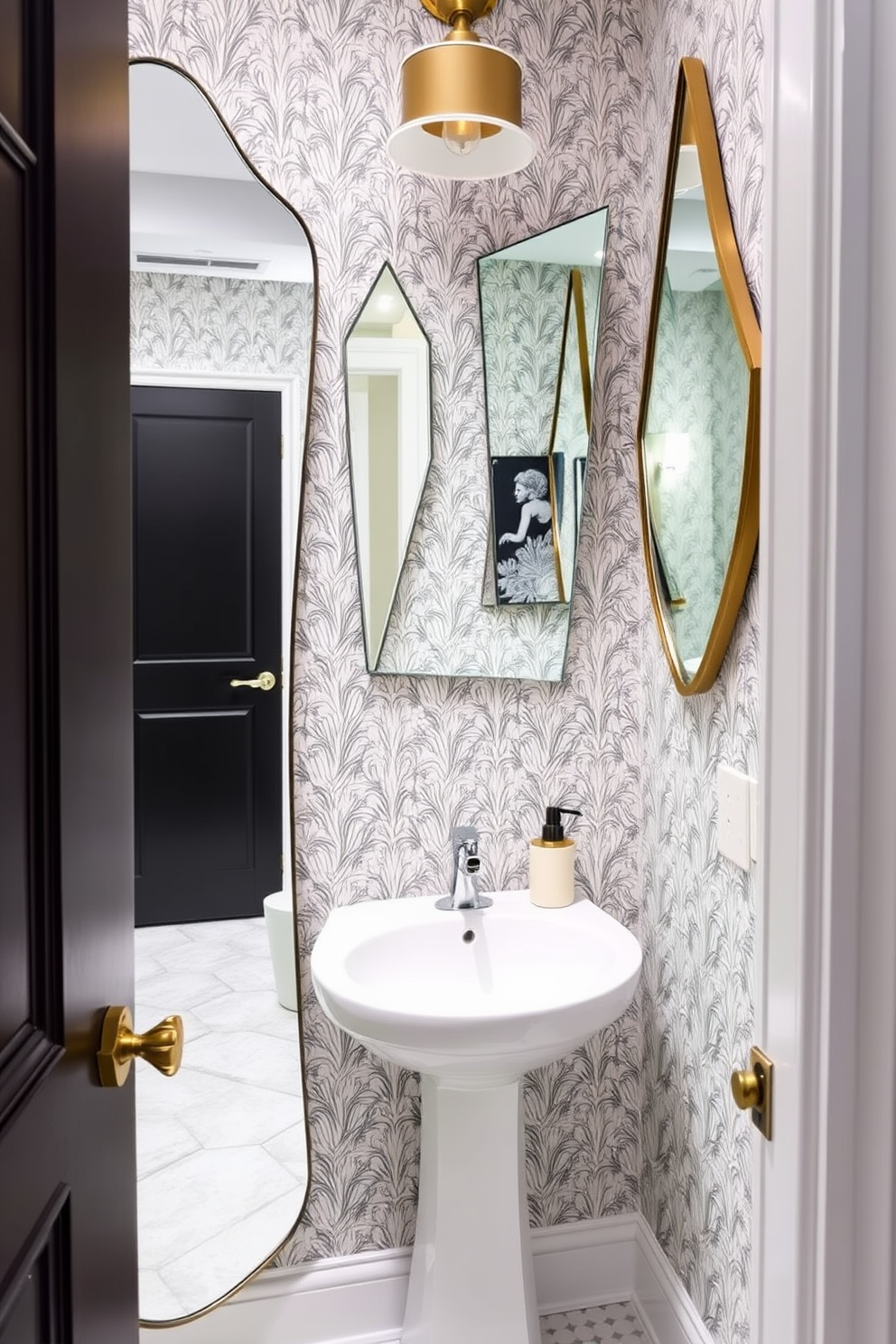 A stylish tiny powder room featuring unique mirror shapes that enhance the overall design. The walls are adorned with a chic wallpaper pattern, and a sleek pedestal sink complements the mirrors beautifully.