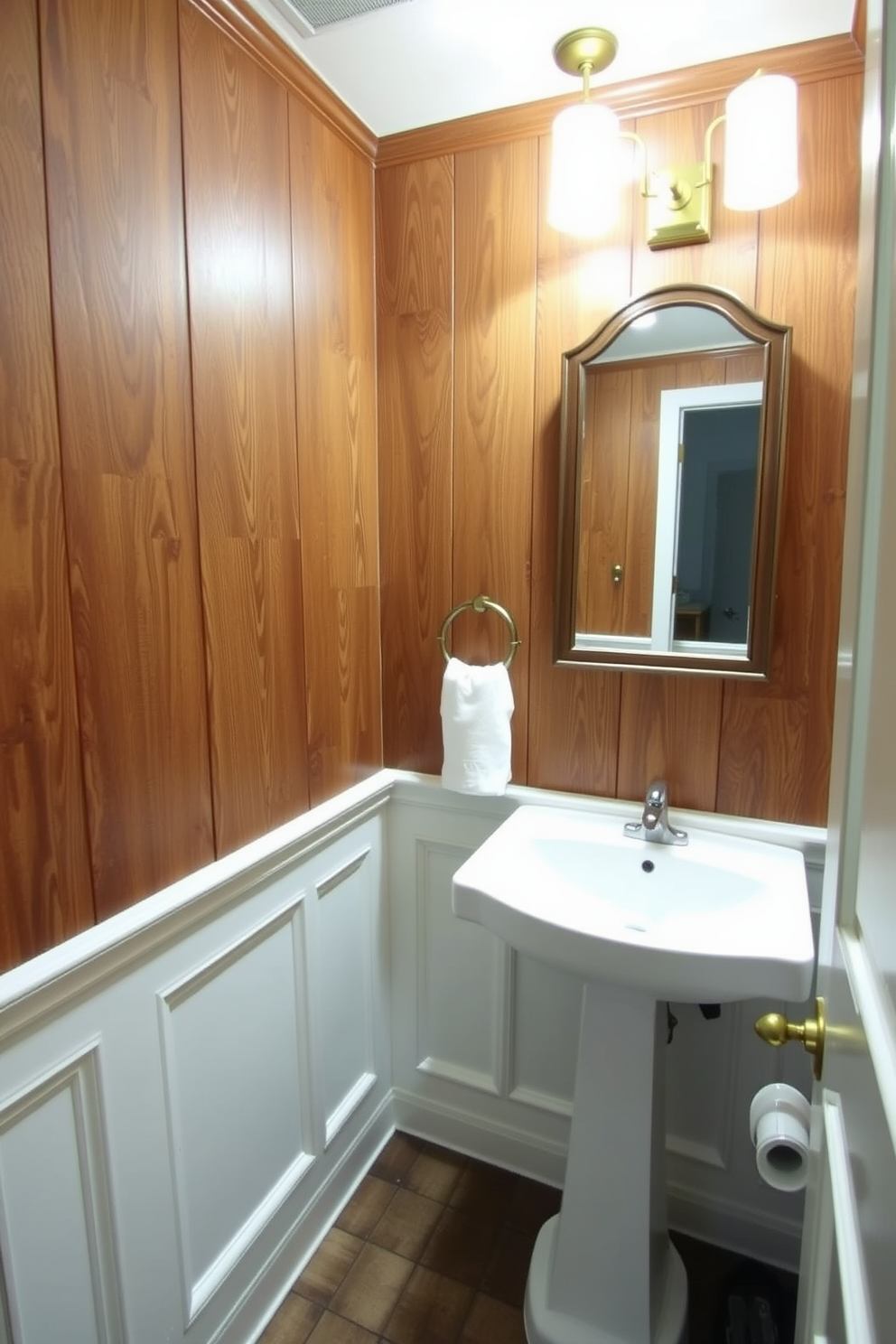 A tiny powder room featuring a bold light fixture hanging from the ceiling. The walls are adorned with a vibrant wallpaper pattern that adds a touch of personality to the space. The floating vanity is made of sleek black cabinetry with a white vessel sink on top. A large round mirror reflects the light fixture, enhancing the room's brightness and visual appeal.