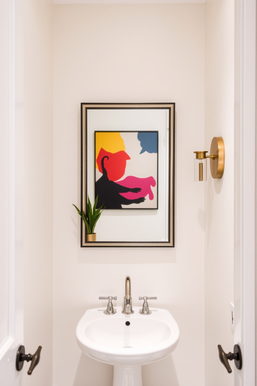 A tiny powder room features a statement artwork piece that serves as the focal point, drawing attention and adding character to the space. The walls are painted in a soft, neutral tone, allowing the vibrant colors of the artwork to stand out beautifully. A small pedestal sink is elegantly positioned beneath a stylish mirror, creating a sense of openness despite the limited space. Decorative elements like a chic wall sconce and a tasteful plant enhance the room's ambiance while maintaining a minimalist aesthetic.