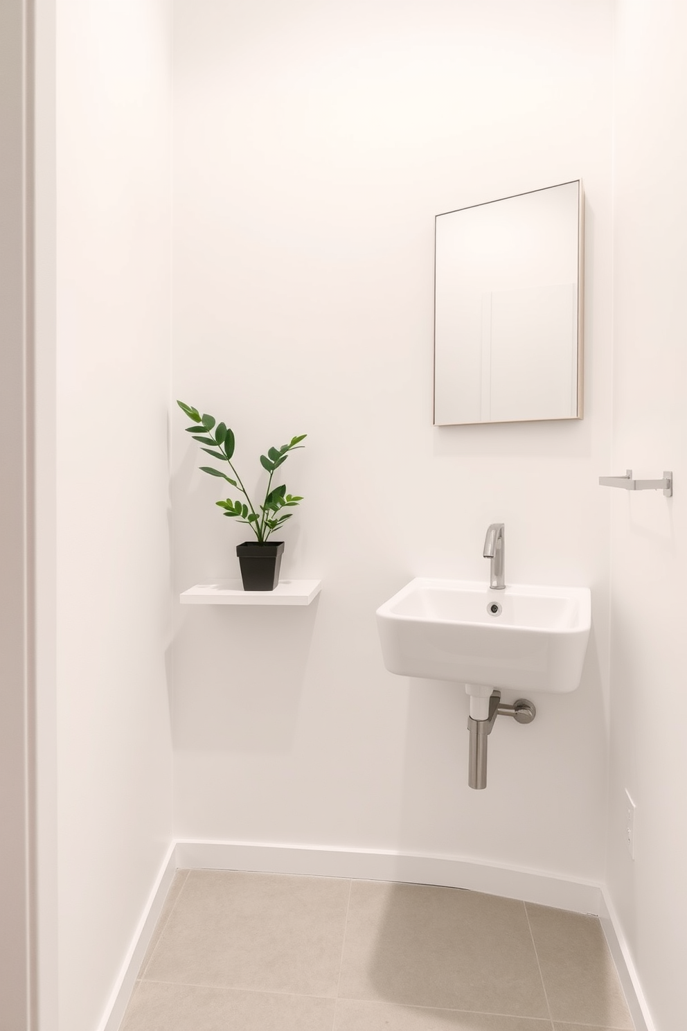 A minimalist powder room featuring clean lines and a serene atmosphere. The walls are painted in a soft white, and the floor showcases light gray tiles with a subtle texture. A sleek wall-mounted sink is complemented by a simple rectangular mirror above it. A single potted plant adds a touch of greenery, while a small shelf holds neatly folded towels.