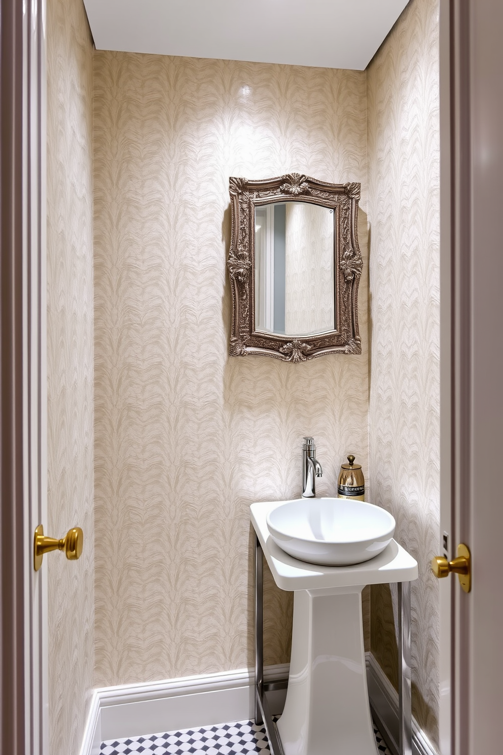 Chic wallpaper with metallic accents creates an elegant backdrop in a tiny powder room. The walls are adorned with a shimmering pattern that reflects light, enhancing the sense of space and sophistication. A compact vanity with a sleek design is placed against one wall, featuring a vessel sink and a stylish faucet. Complementing the wallpaper, a decorative mirror with a metallic frame hangs above the vanity, adding a touch of glamour to the room.