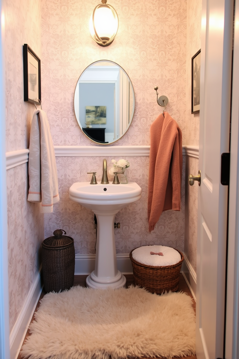 A tiny powder room featuring soft textiles that add warmth and comfort. The walls are adorned with a delicate wallpaper pattern, and a plush, textured rug lies beneath a petite pedestal sink.