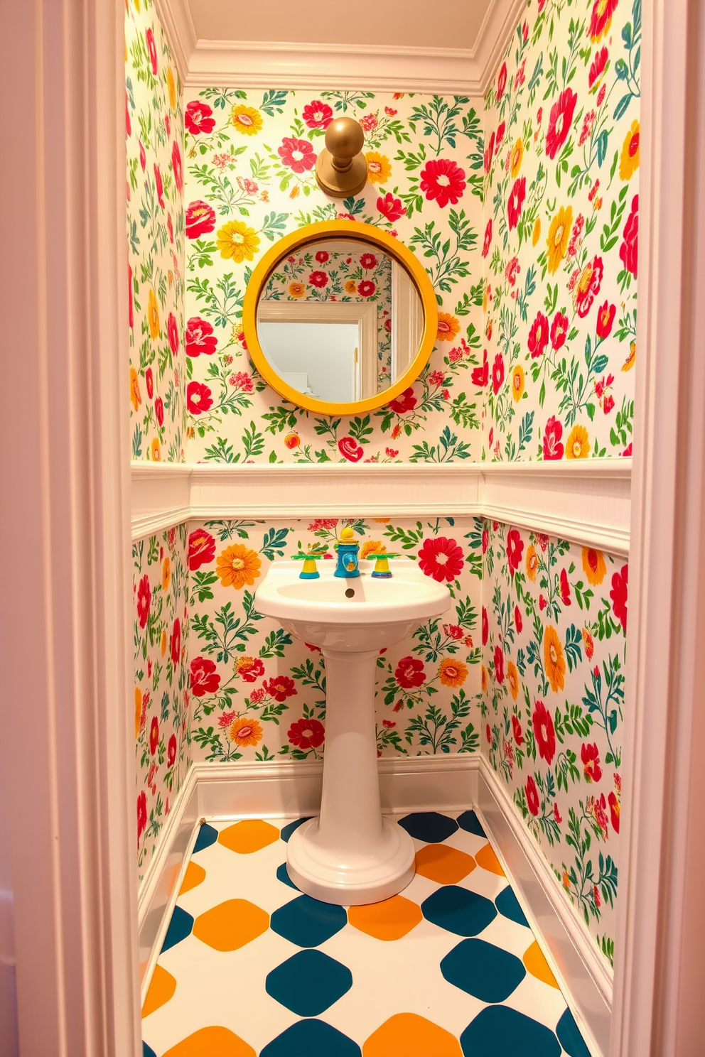 A charming tiny powder room features a decorative backsplash that adds a pop of color and texture. The walls are painted in a soft pastel shade, complementing the intricate tile design behind the sink. The sink is a sleek pedestal style, allowing for maximum floor space and a sense of openness. A round mirror with a stylish frame hangs above, reflecting the light from a chic wall sconce on either side.