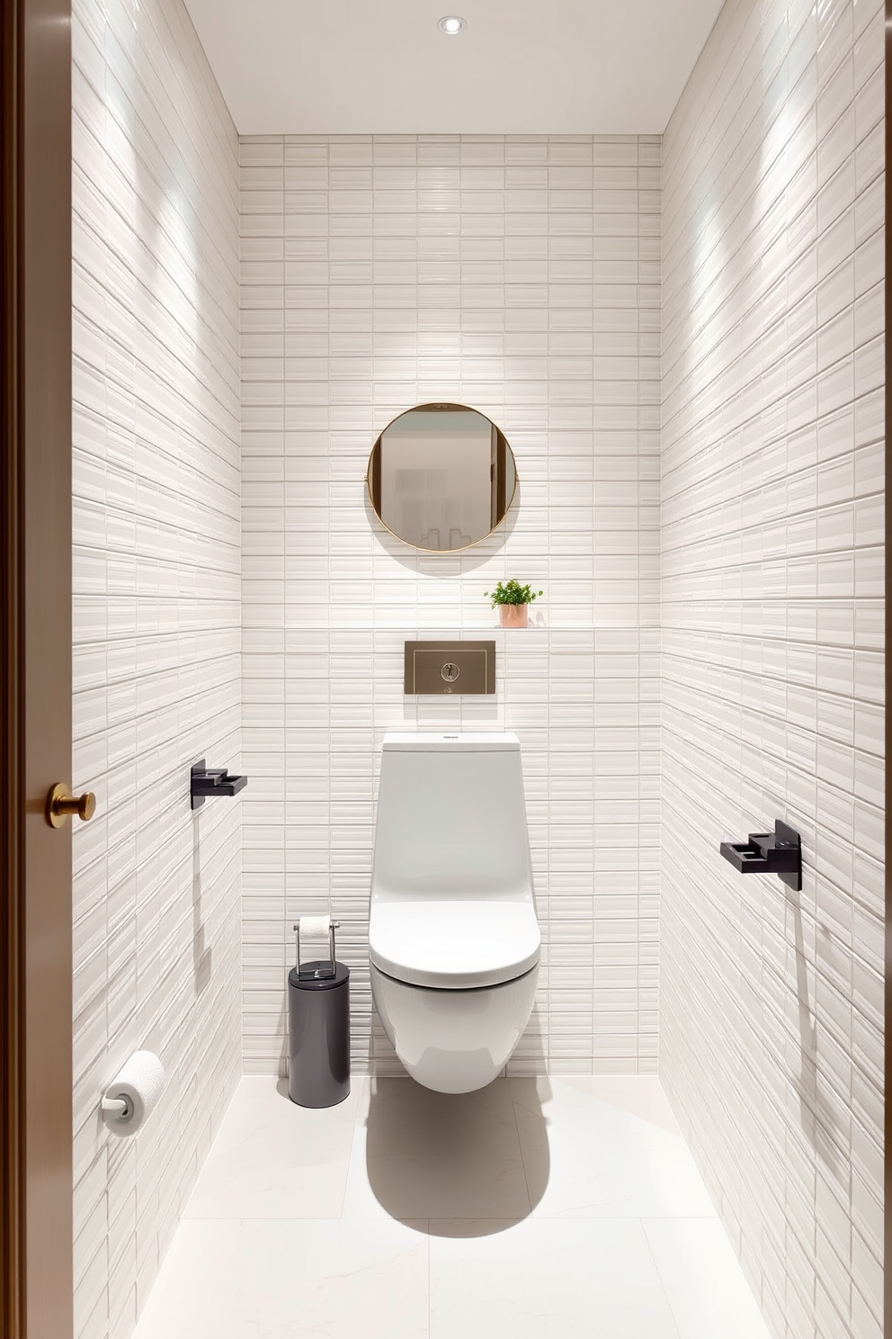 A compact toilet is seamlessly integrated into a stylish powder room, maximizing the use of limited space. The walls are adorned with light pastel tiles, creating an airy and inviting atmosphere. A floating vanity with a sleek design complements the compact toilet, featuring a small round mirror above it. Soft ambient lighting highlights the elegant fixtures, while a small potted plant adds a touch of greenery.