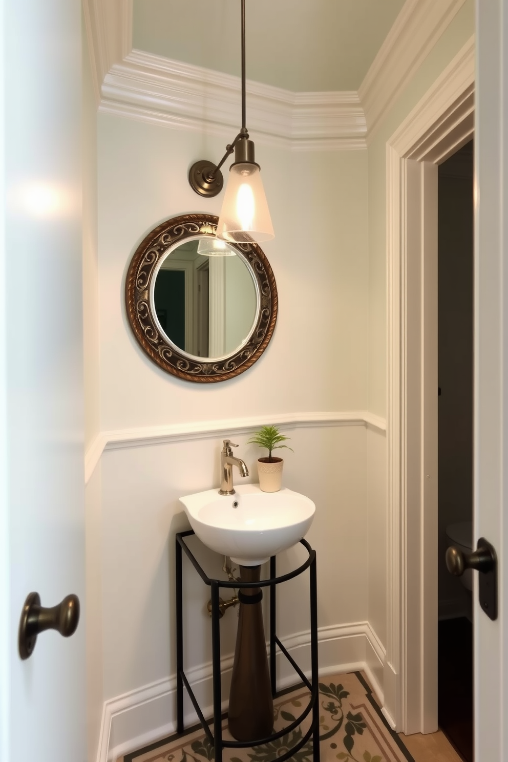 A charming tiny powder room featuring a delicate pedestal sink with a sleek chrome faucet. A small wooden stool is positioned beside the sink for added convenience and style. The walls are adorned with a soft pastel wallpaper, creating an inviting atmosphere. A round mirror with a thin metallic frame hangs above the sink, reflecting the light from a stylish wall sconce.