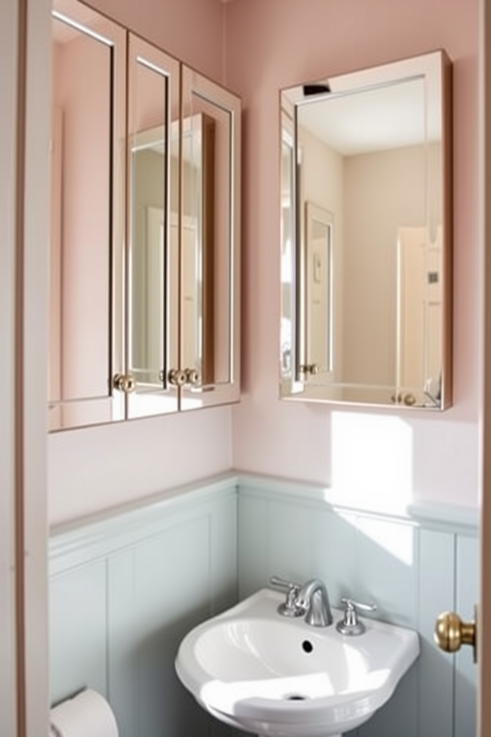 A stylish tiny powder room featuring mirrored cabinets that reflect natural light, creating an illusion of spaciousness. The walls are adorned with soft pastel colors, and a chic pedestal sink adds elegance to the compact space.