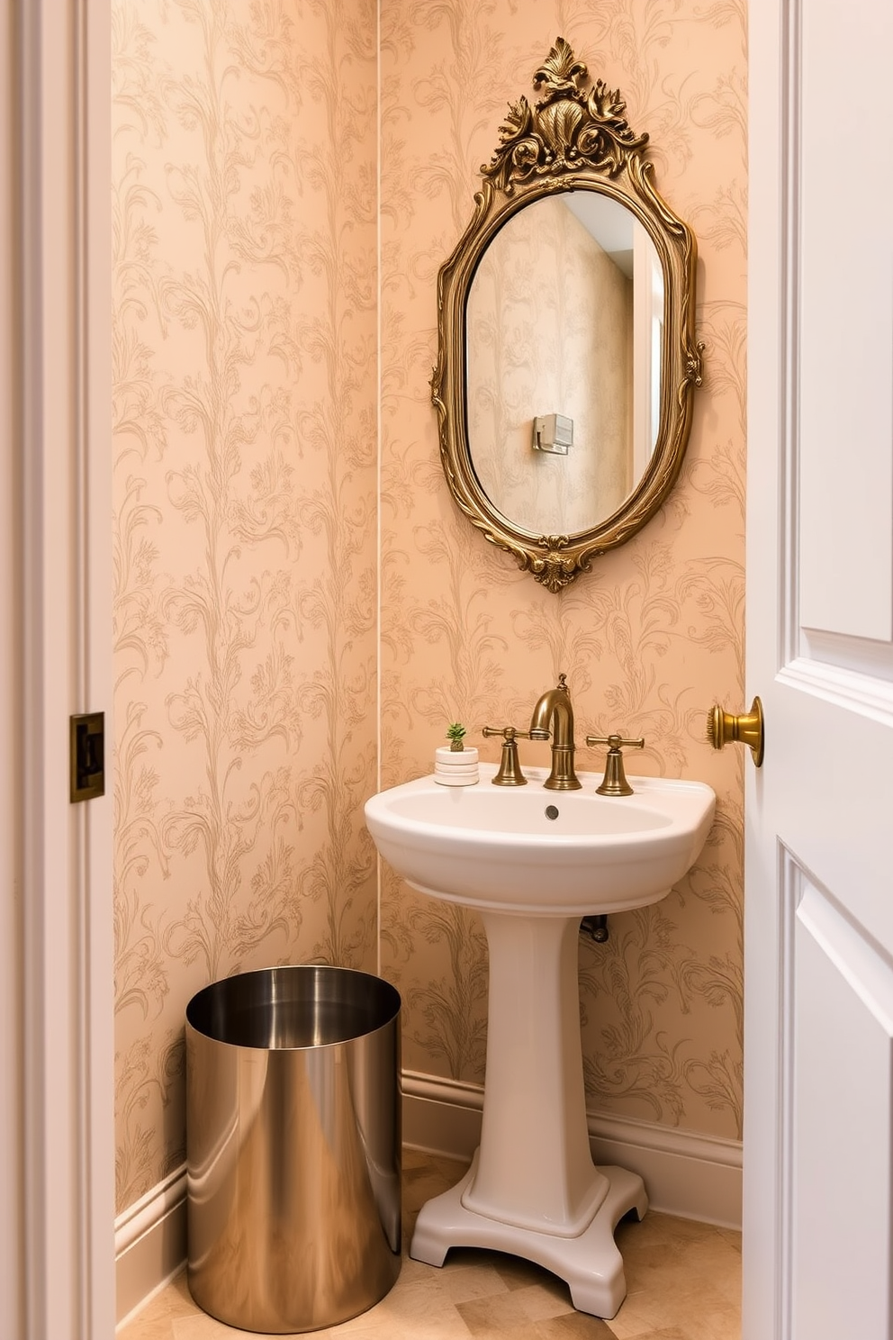 A charming tiny powder room design featuring a sleek wall-mounted sink with a polished chrome faucet. The walls are adorned with a soft pastel wallpaper and a small round mirror with a decorative frame hangs above the sink. Incorporate stylish wall hooks made of brass for easy access to towels and accessories. The floor is covered in a light-colored mosaic tile, adding a touch of elegance to the compact space.