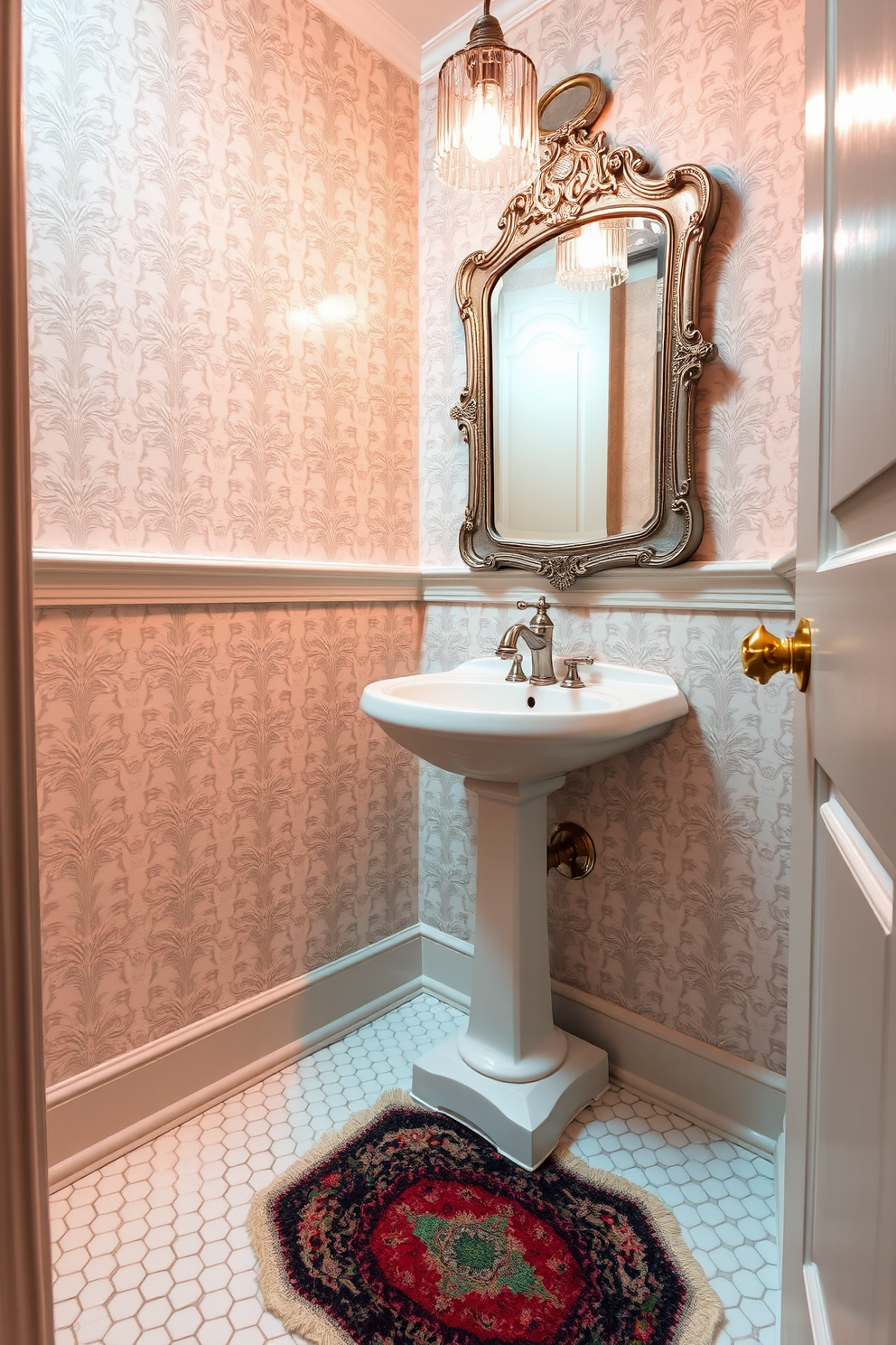 A charming tiny powder room featuring vintage fixtures that exude classic charm. The walls are adorned with intricate wallpaper in soft pastel tones, complementing a petite pedestal sink with a polished chrome faucet. A vintage-style mirror with an ornate frame hangs above the sink, reflecting warm light from a delicate chandelier. The flooring consists of small hexagonal tiles in white, accented by a plush, colorful rug that adds a touch of coziness.