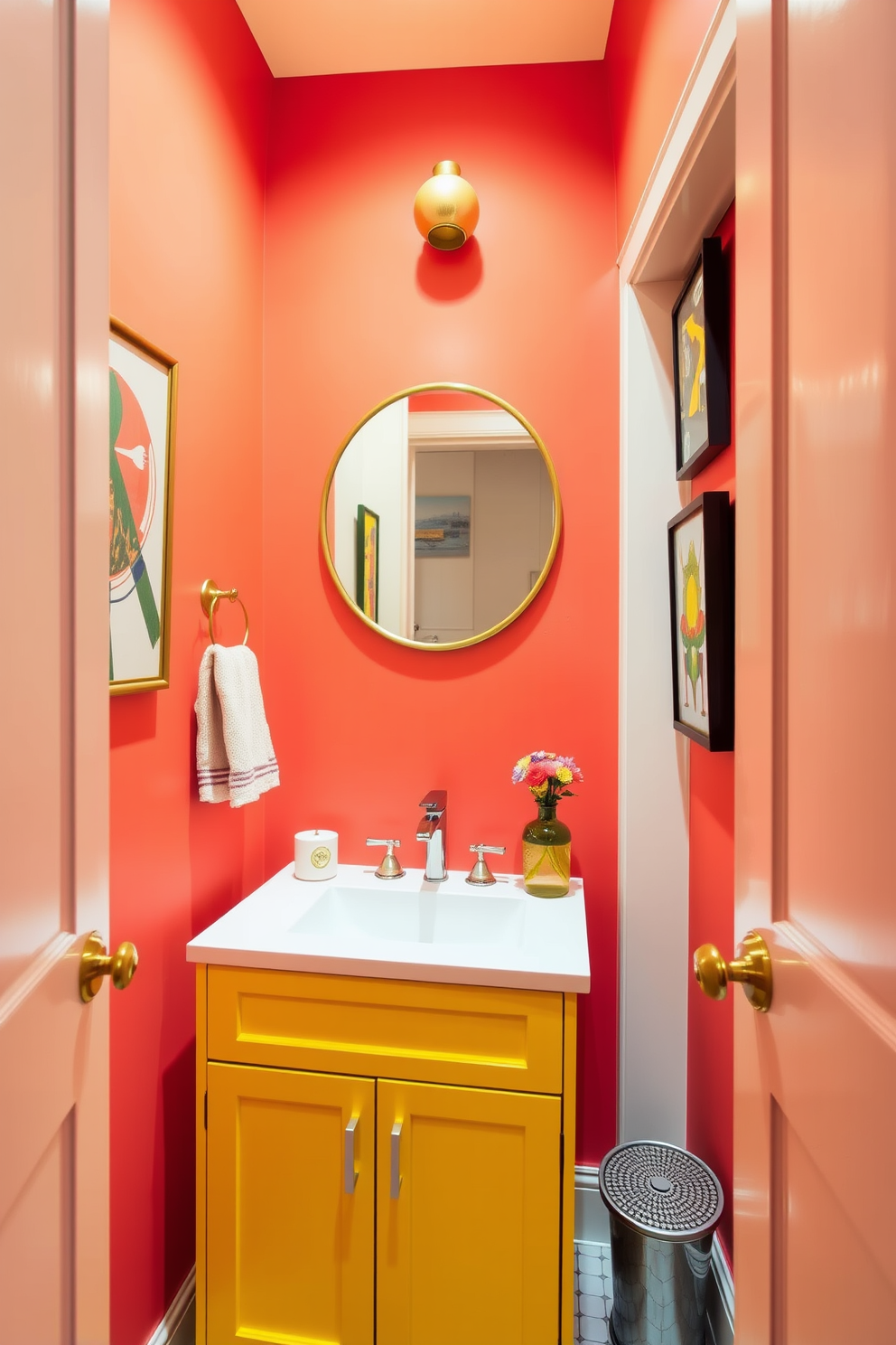 Bright colors to energize space. The walls are painted in a vibrant coral hue, complemented by a bold yellow vanity with sleek white hardware. A round mirror with a gold frame hangs above the sink, reflecting the playful colors. Colorful artwork adorns the walls, adding personality and charm to the tiny powder room.