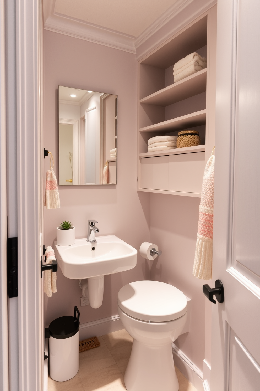 A stylish tiny powder room featuring small-scale furniture that maximizes functionality. The space includes a compact wall-mounted sink and a minimalist mirror that creates an illusion of depth. The color palette consists of soft pastels to enhance the sense of space. Clever storage solutions are integrated, such as shelves above the toilet and a small cabinet beneath the sink.