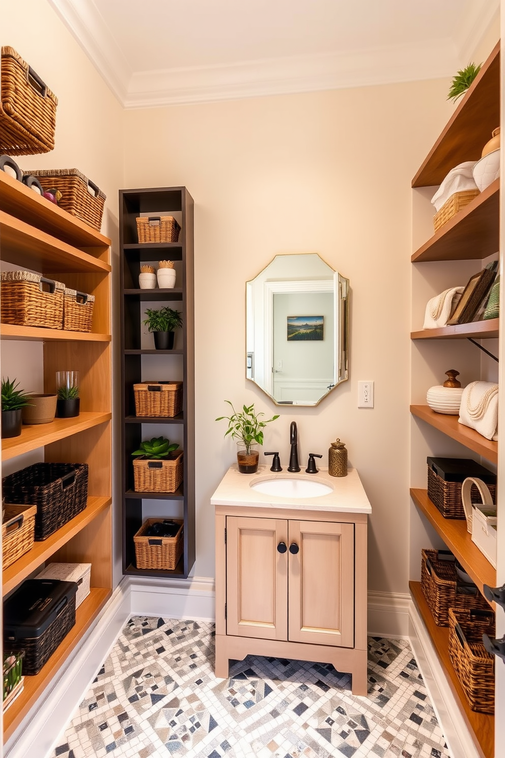 Decorative shelving lines the walls of a tiny powder room, featuring a mix of open and closed storage options. The shelves are adorned with stylish baskets, small potted plants, and decorative objects that add personality to the space. The walls are painted in a soft pastel hue, creating an airy feel, while the floor showcases elegant mosaic tiles. A compact vanity with a sleek mirror reflects the light, enhancing the room's charm and functionality.