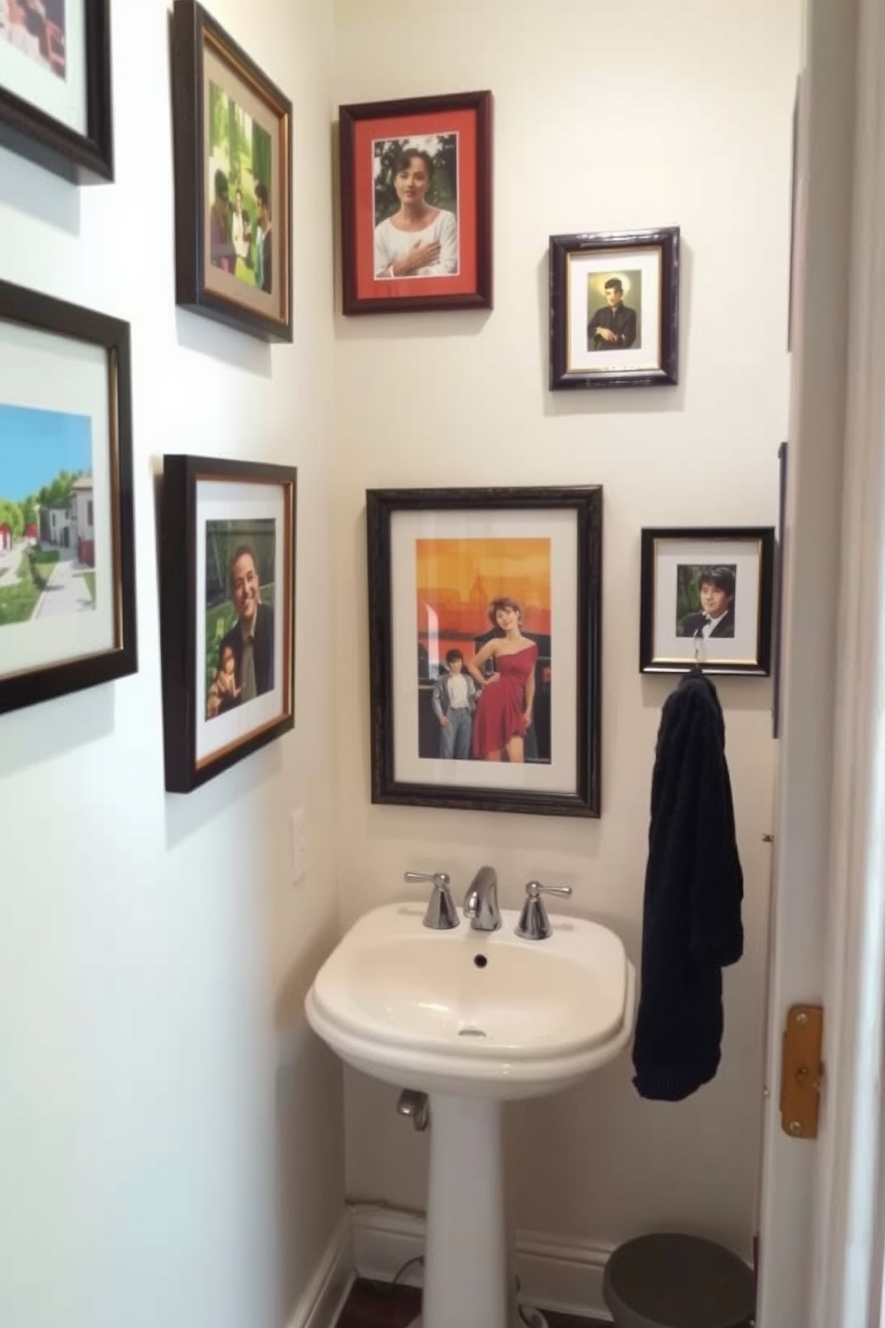 A charming tiny powder room featuring patterned tiles on the floor that add a pop of color and texture. The walls are adorned with soft pastel wallpaper, creating an inviting atmosphere. In the corner, a compact pedestal sink with a vintage faucet complements the overall design. Above the sink, a round mirror with a decorative frame reflects the stylish elements of the room.