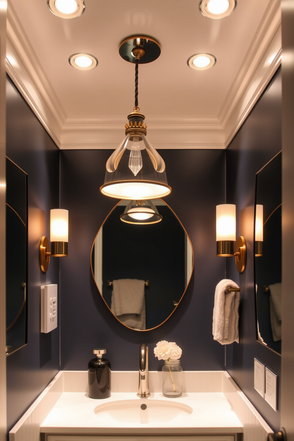 A chic tiny powder room featuring a stylish wall-mounted faucet that complements a sleek vessel sink. The walls are adorned with a bold geometric wallpaper, and the floor is finished with elegant hexagonal tiles.