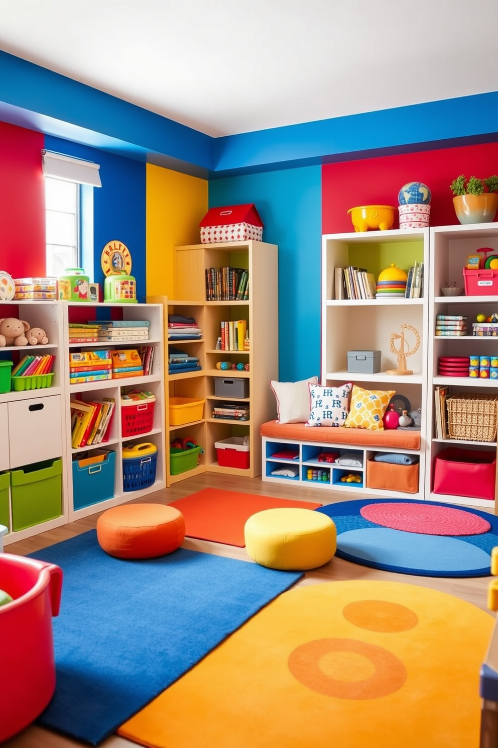 Colorful wall decals in playful shapes and designs adorn the walls of a cheerful toddler playroom. The space features soft, plush rugs and a variety of toys neatly organized in bright storage bins. A small table and chairs in vibrant colors provide a perfect spot for arts and crafts activities. The room is filled with natural light, creating an inviting atmosphere for creativity and play.