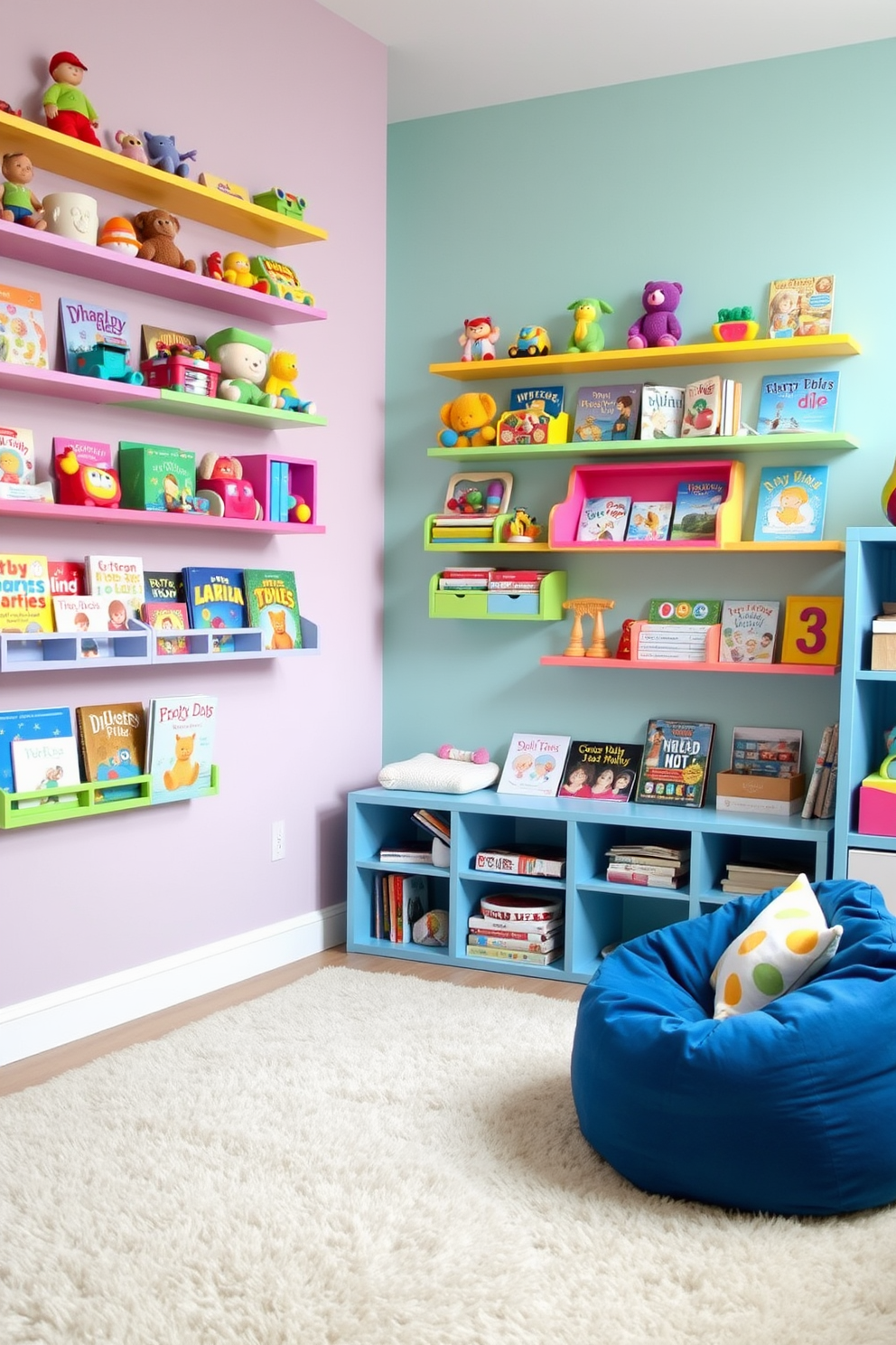 A vibrant toddler playroom filled with colorful wall-mounted shelves displaying an array of toys and books. The walls are painted in cheerful pastel colors, creating a playful and inviting atmosphere. Soft, plush rugs cover the floor, providing a comfortable space for play. A cozy reading nook with cushions and a small bean bag chair encourages quiet time among the vibrant decor.