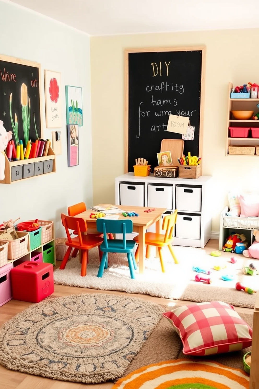 A cozy DIY craft corner for little artists featuring a small wooden table surrounded by colorful chairs. The walls are adorned with bright artwork and a chalkboard for creativity, while storage bins filled with art supplies are neatly organized nearby. A playful toddler playroom design with soft, plush rugs and a variety of toys scattered across the floor. The walls are painted in cheerful pastel colors, and a small reading nook with cushions invites children to enjoy storytime.