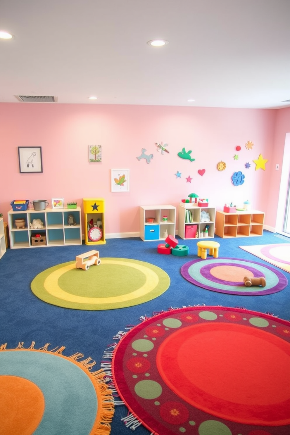 A vibrant toddler playroom filled with colorful rugs creating distinct play zones. The walls are painted in soft pastel hues, and playful artwork adorns the space, inviting creativity and fun.